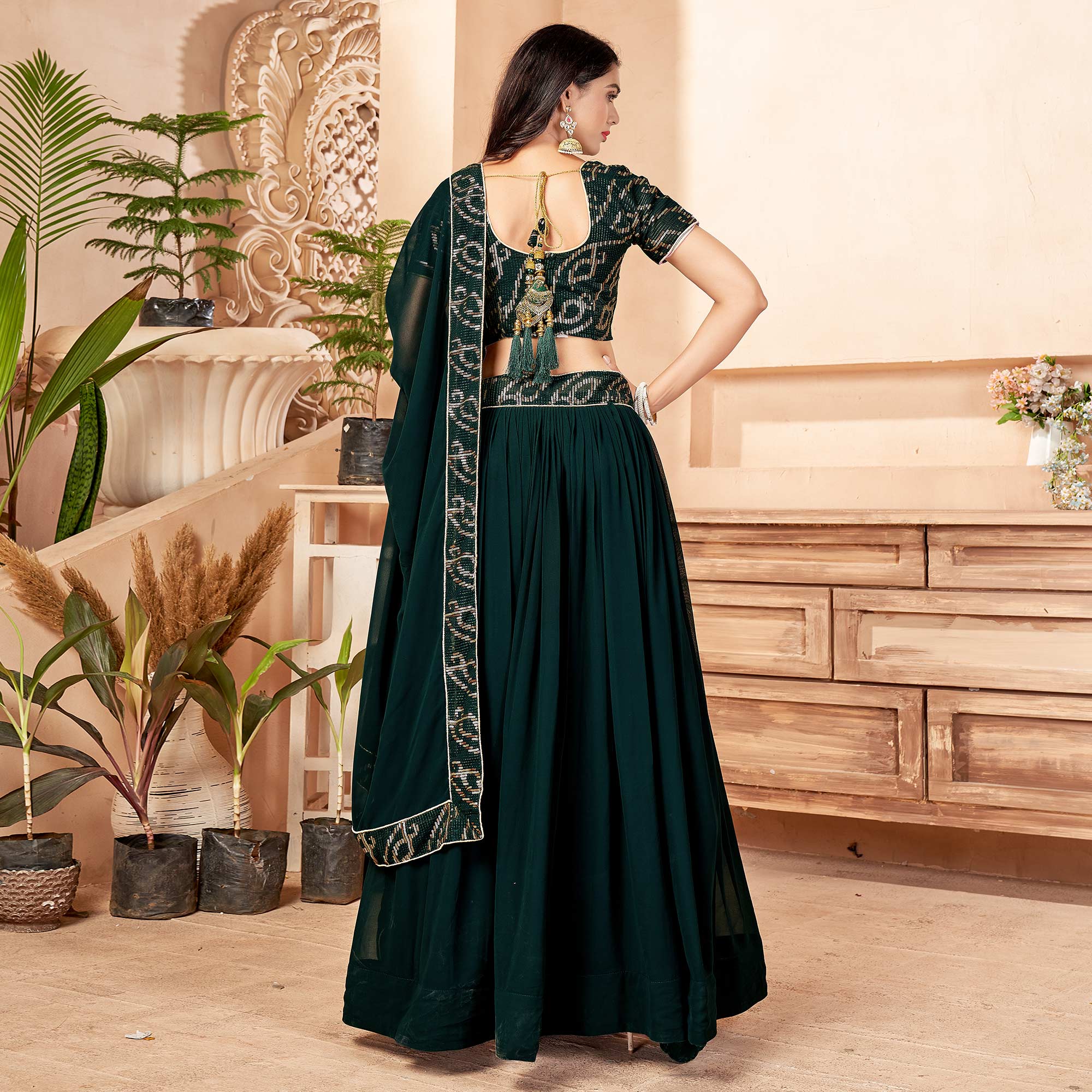 Dark Green Sequins Embroidered Georgette Lehenga Choli