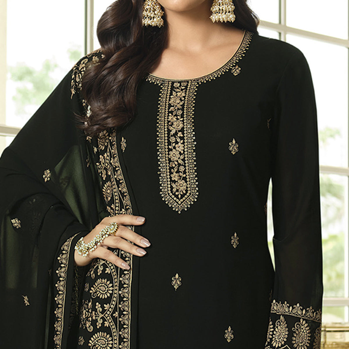 Black Floral Embroidered Georgette Sharara Suit