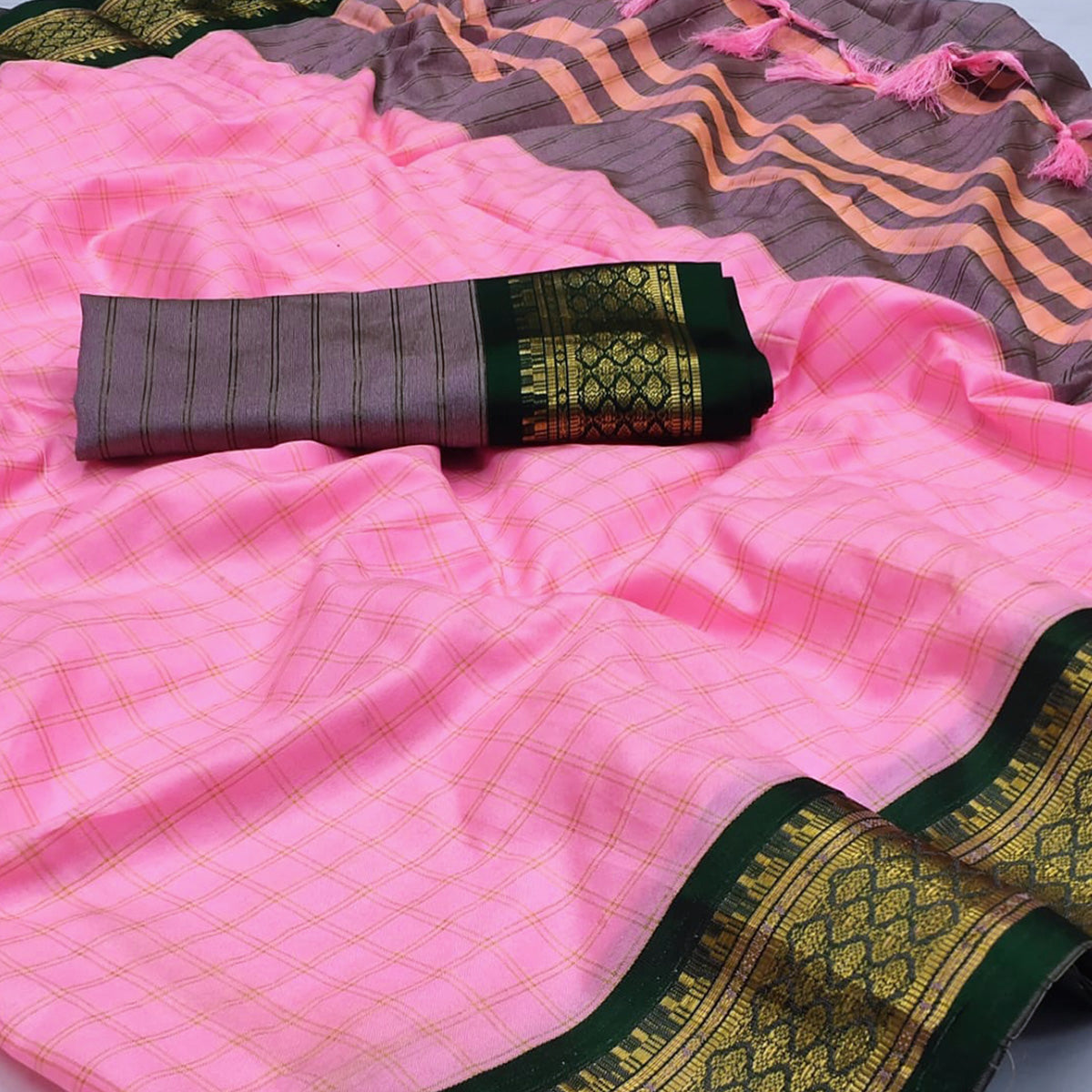 Baby Pink Checks With Woven Border Cotton Silk Saree