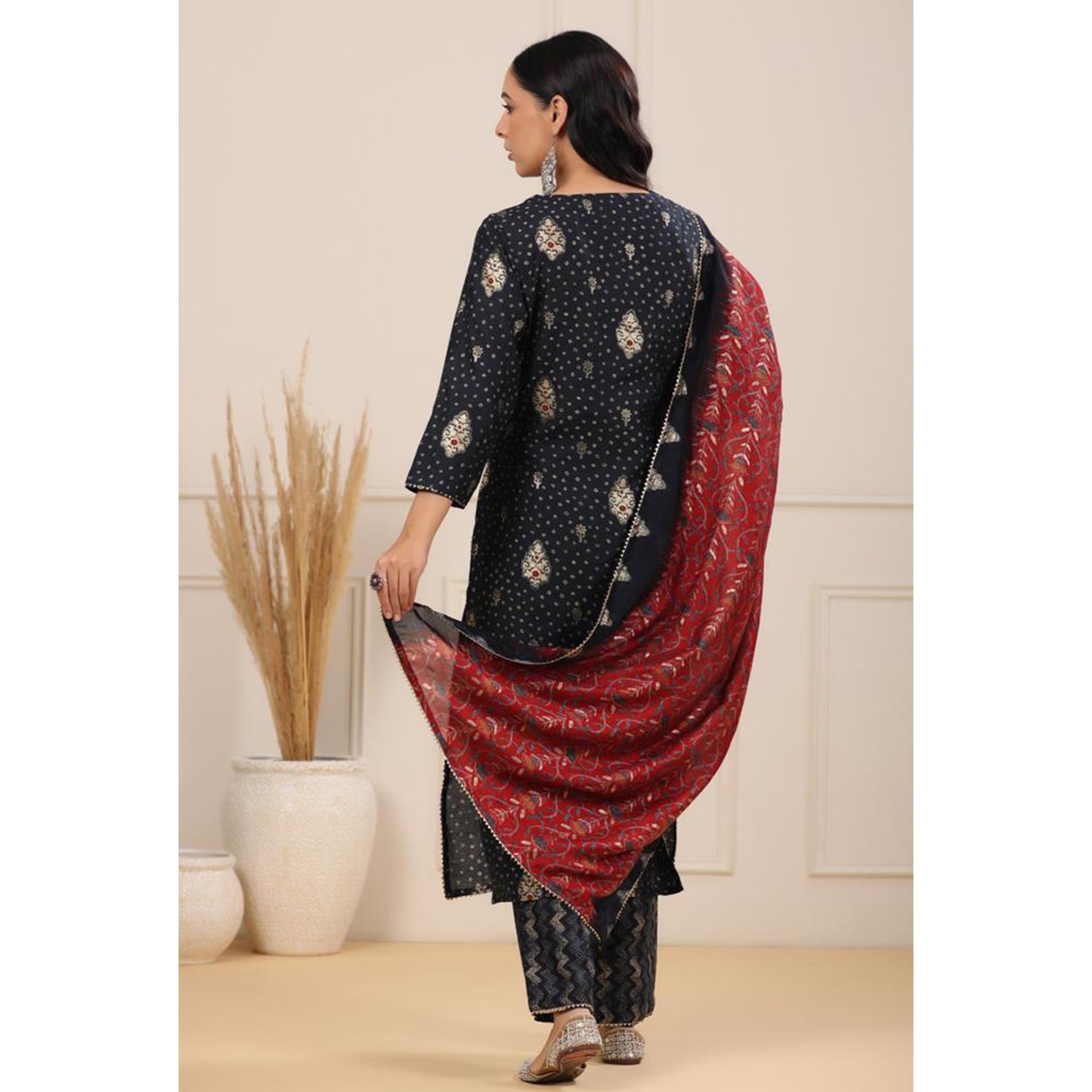 Black Jaipuri Printed With Embroidered Chanderi Salwar Suit