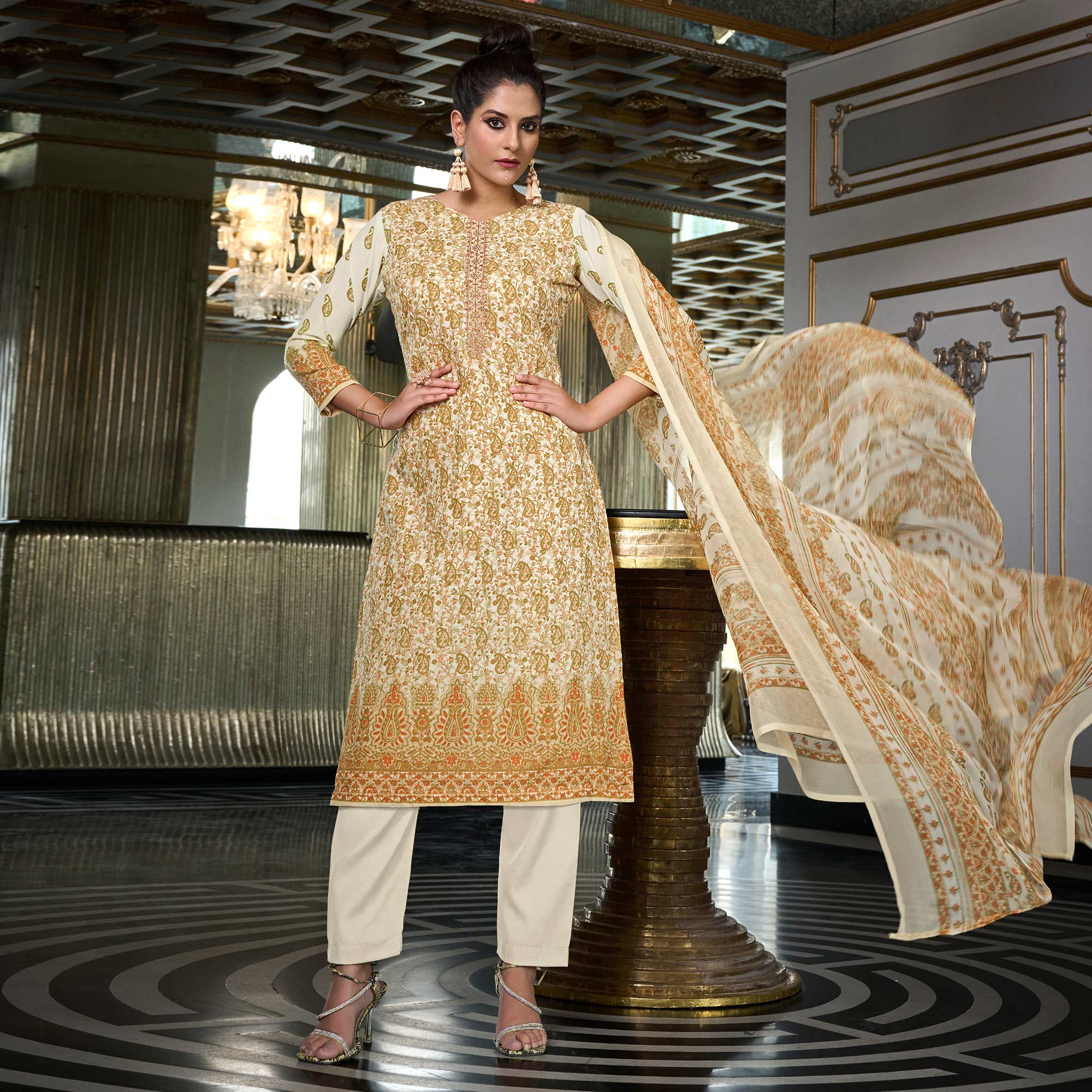 Cream Printed With Embroidered Pure Cotton Salwar Suit