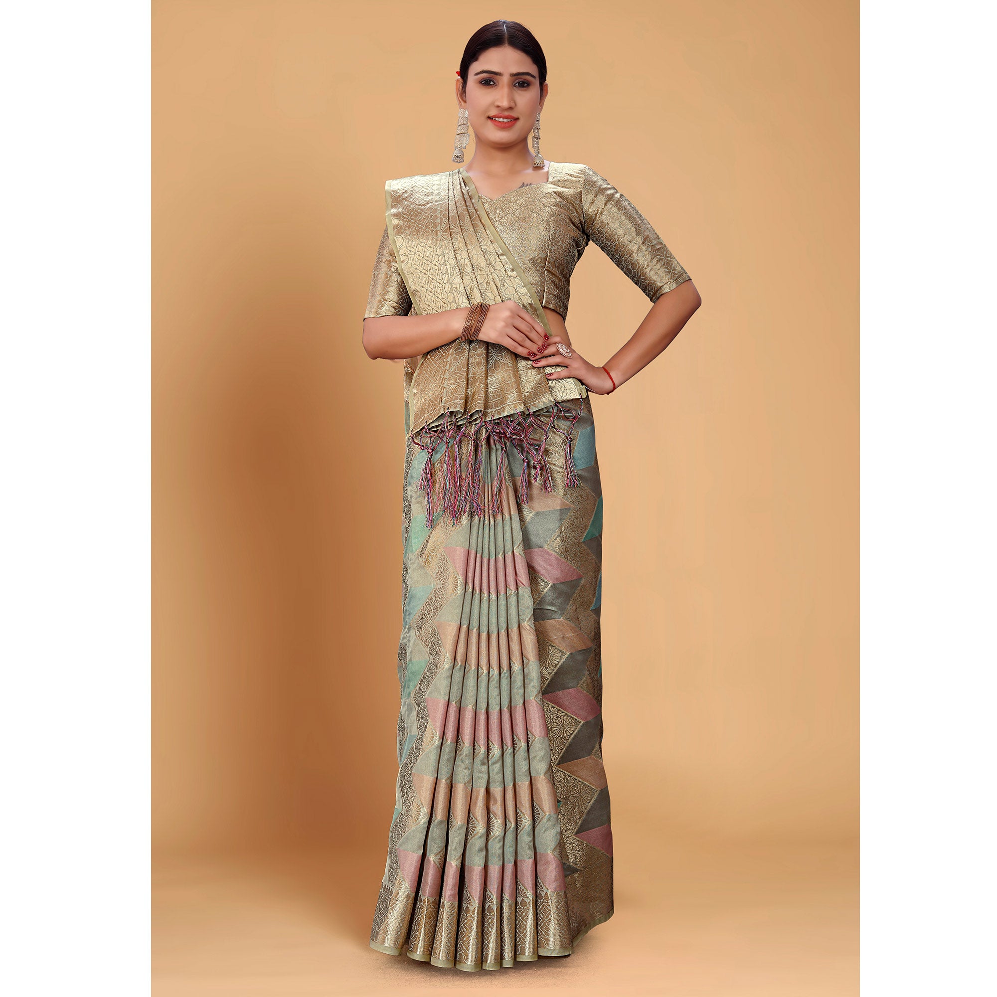 Grey Woven Organza Saree With Tassels