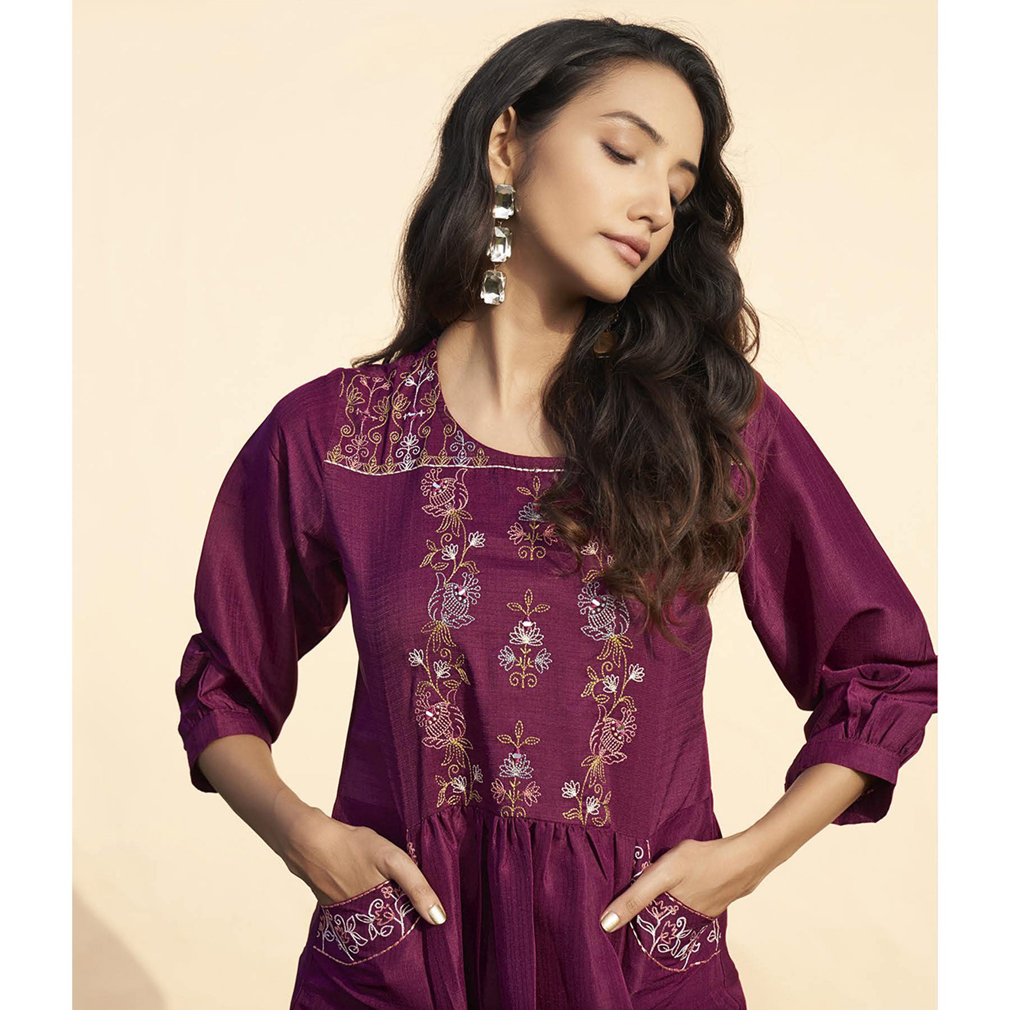 Purple Embroidered Rayon Short Dress