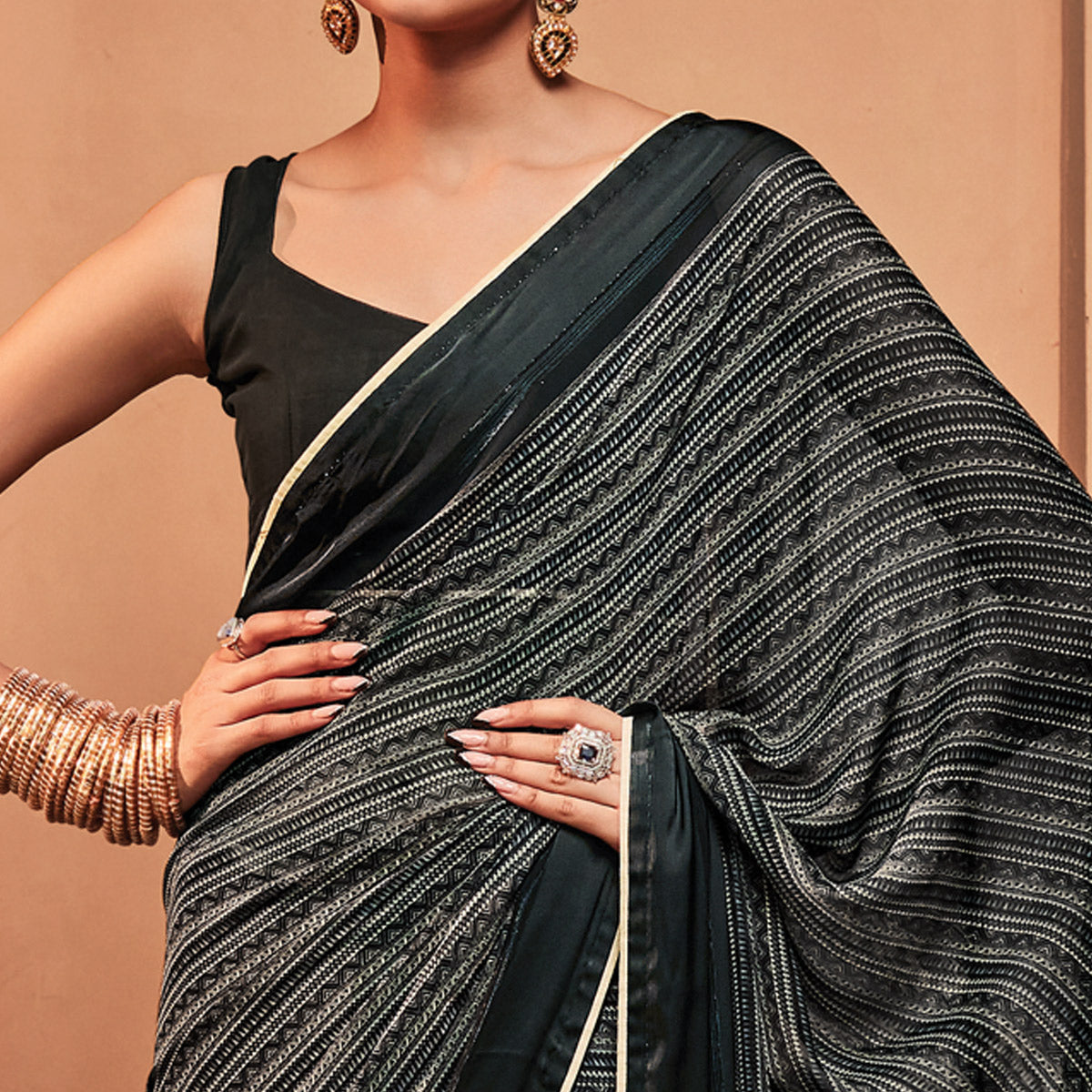 Black Printed Georgette Saree With Tassels