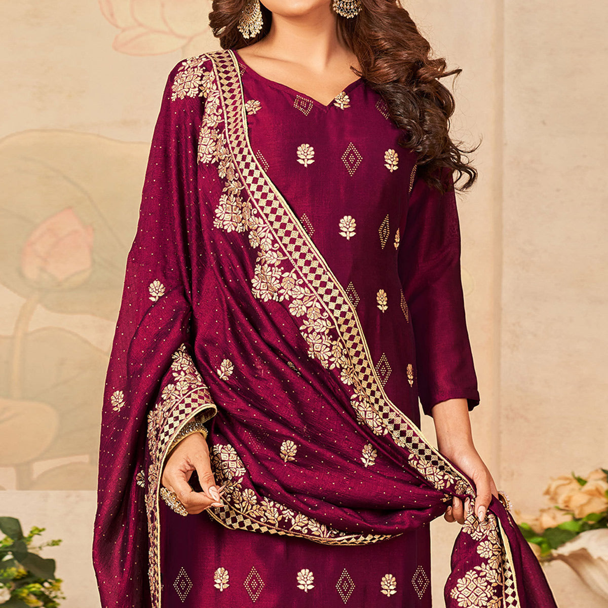 Magenta Pink Embroidered Vichitra Silk Suit
