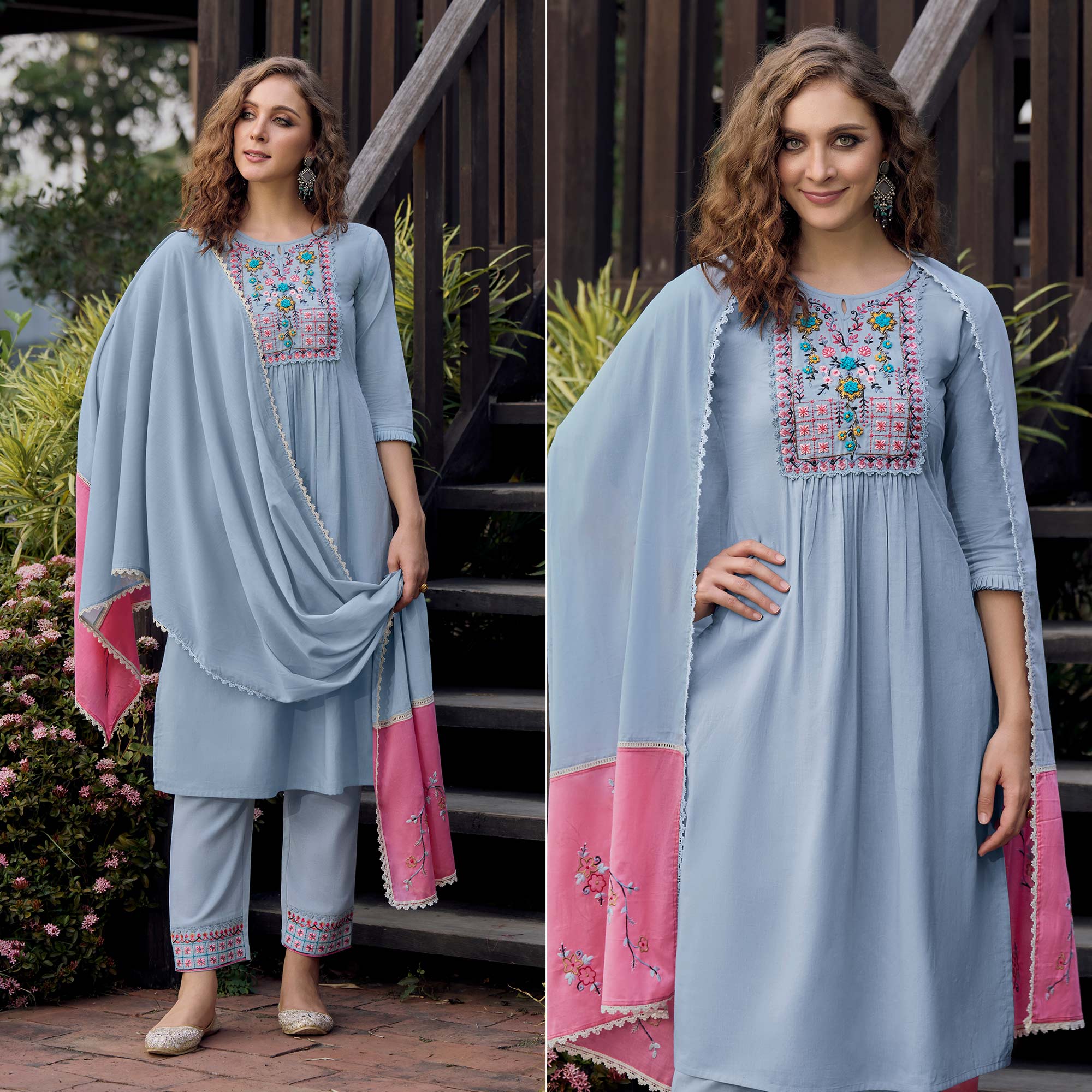 Blue Embroidered Pure Cotton Suit