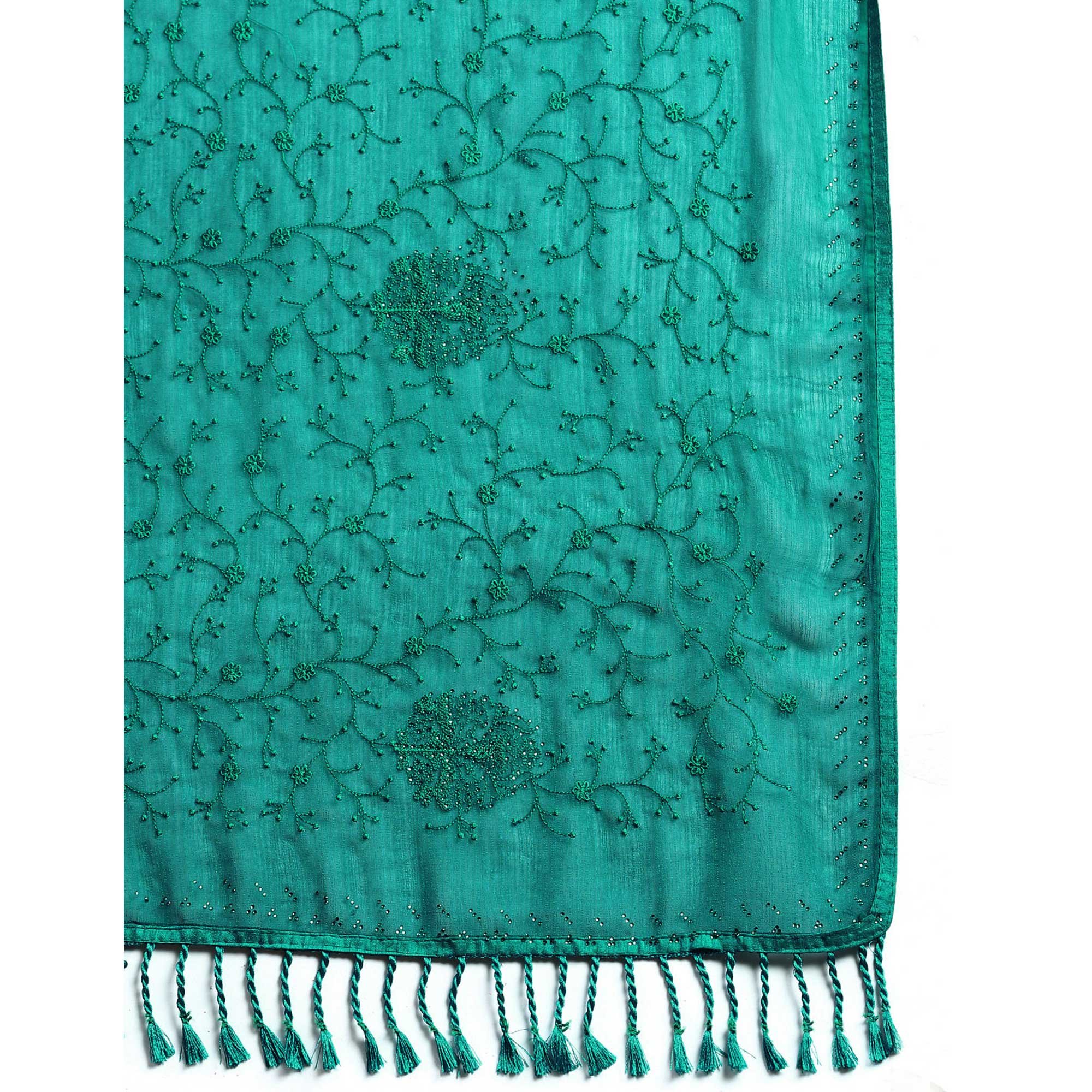 Turquoise Green Floral Embroidered Zomato Silk Saree