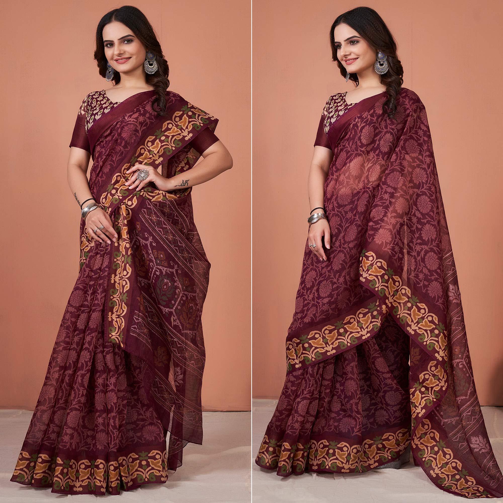 Purple Floral Printed Cotton Saree With Tassels