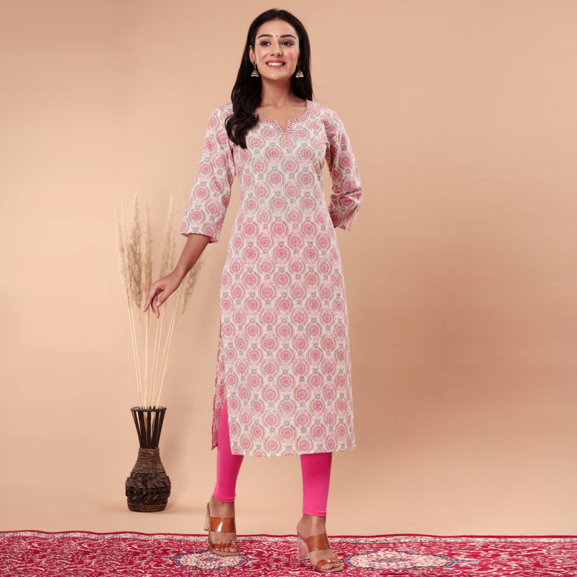 Pink Floral Printed Pure Cotton Kurti