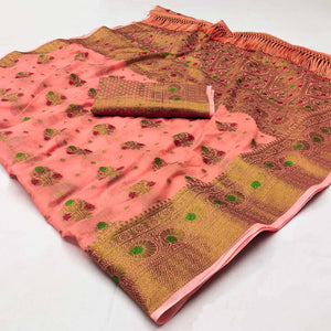 Peach Woven Cotton Blend Saree With Tassels