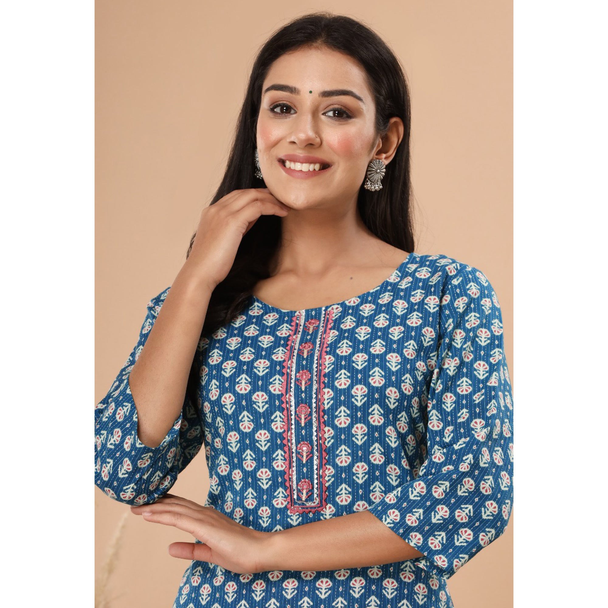 Blue Floral Printed Pure Cotton Kurti