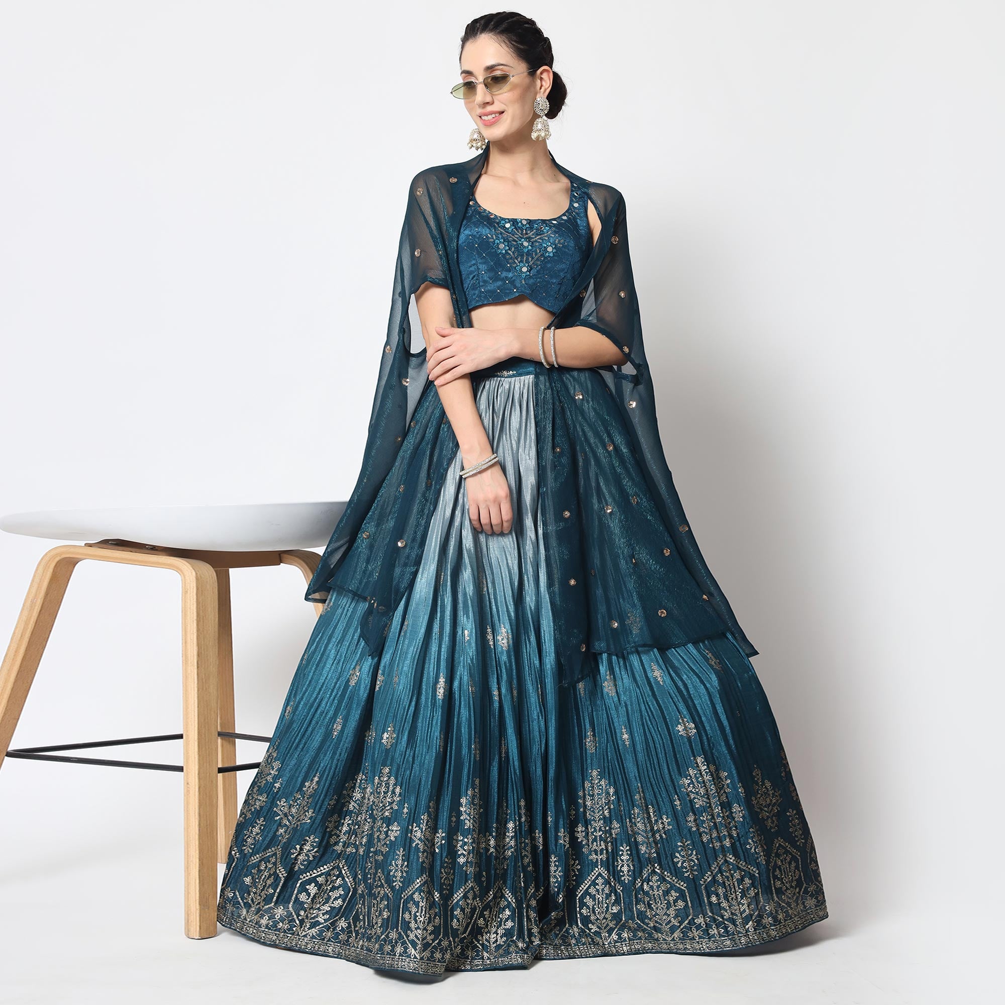 Teal Blue Foil Printed Chiffon Lehenga Choli