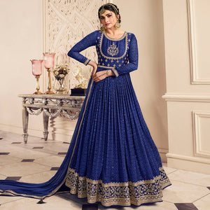 Blue Printed With Embroidered Chiffon Gown