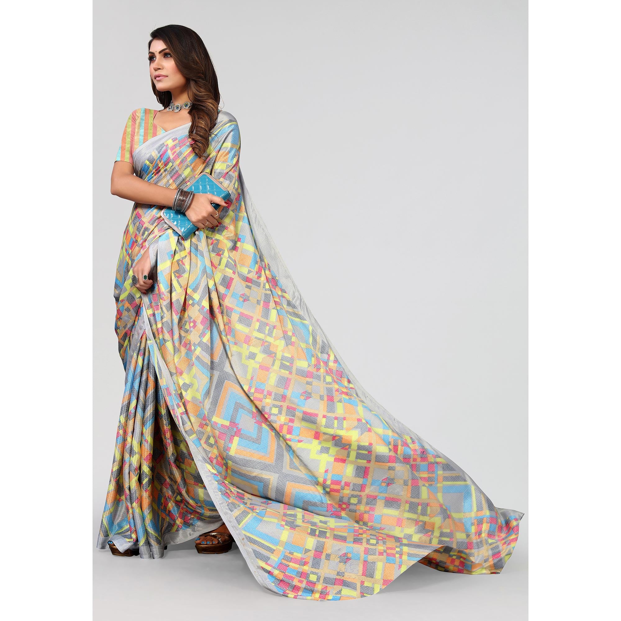 Grey Geometric Printed Chiffon Saree