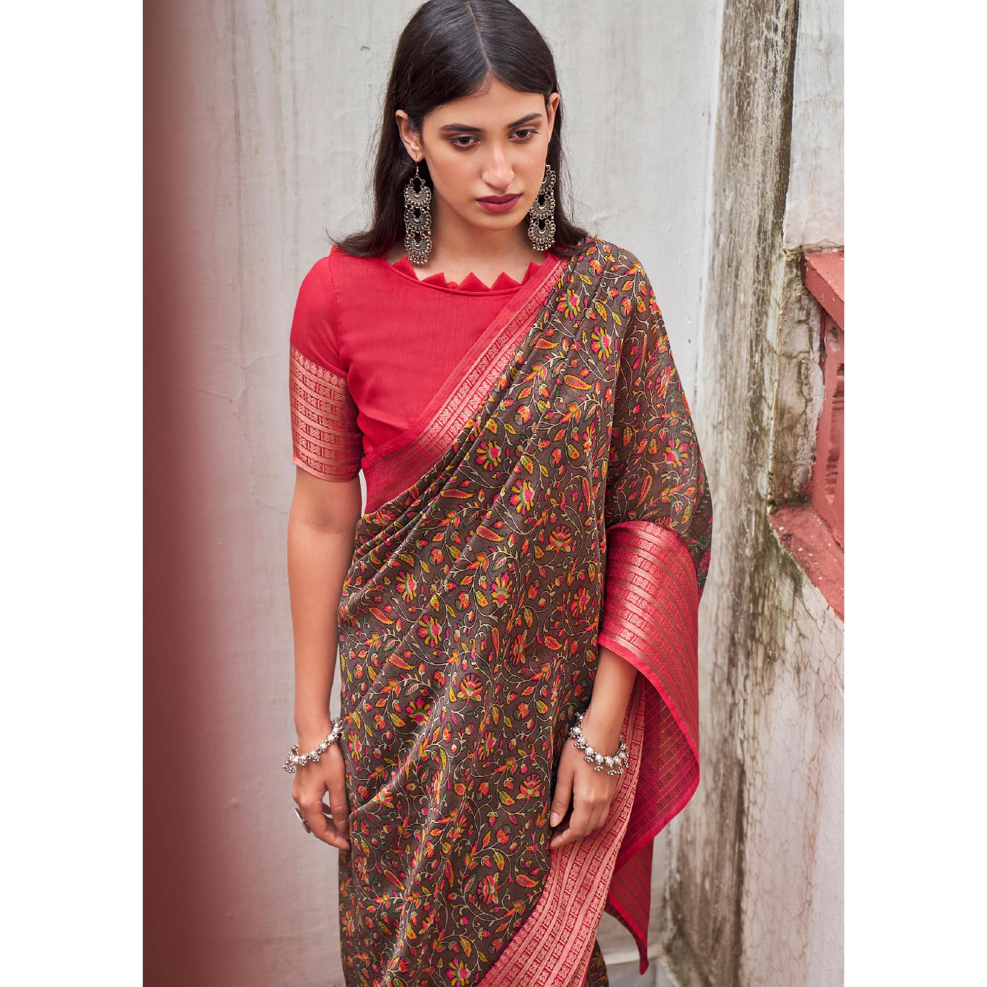 Brown Printed With Woven Border Raw Silk Saree