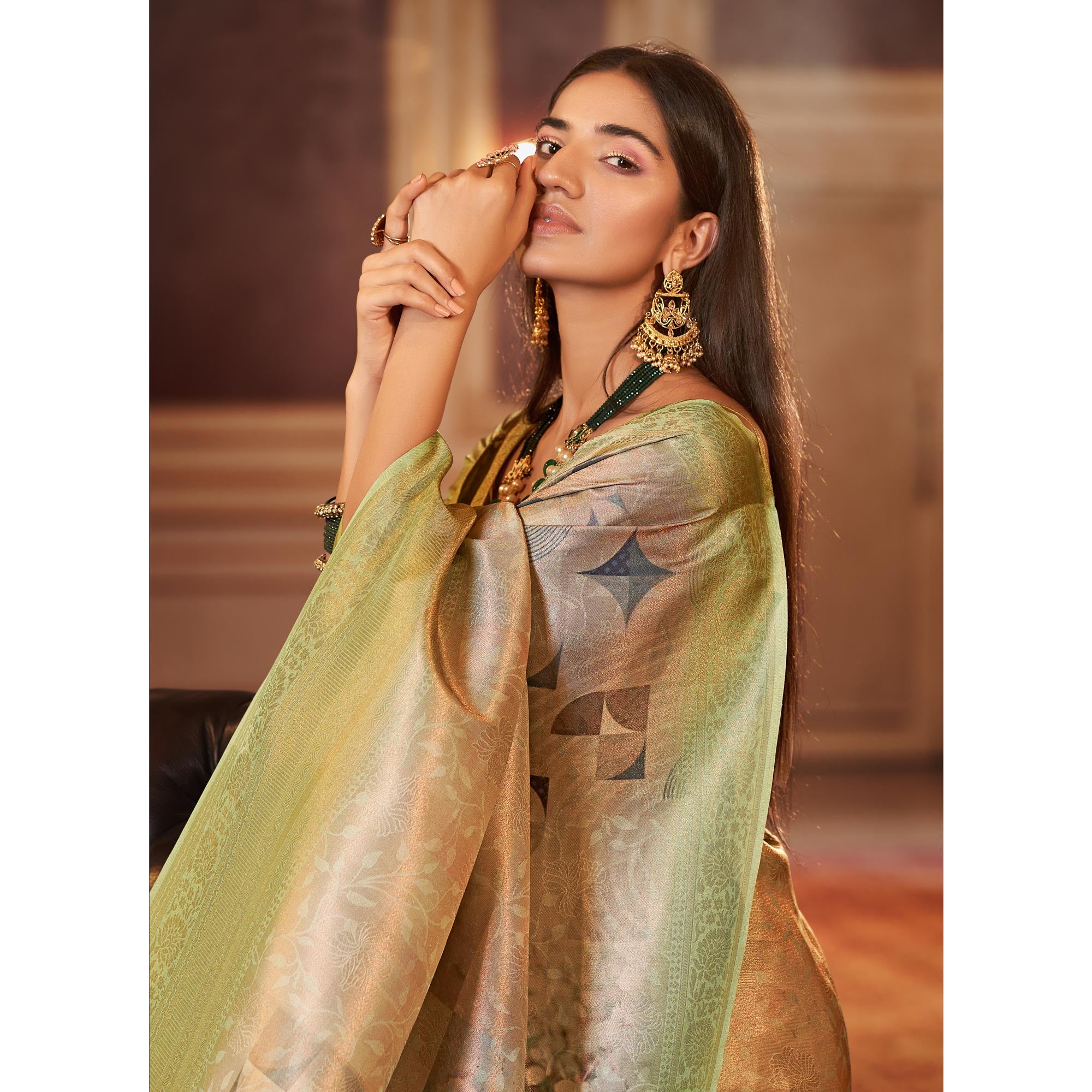 Beige & Pista Green Woven Jacquard Saree With Tassels