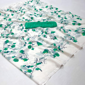 White Green Floral Printed Georgette Saree