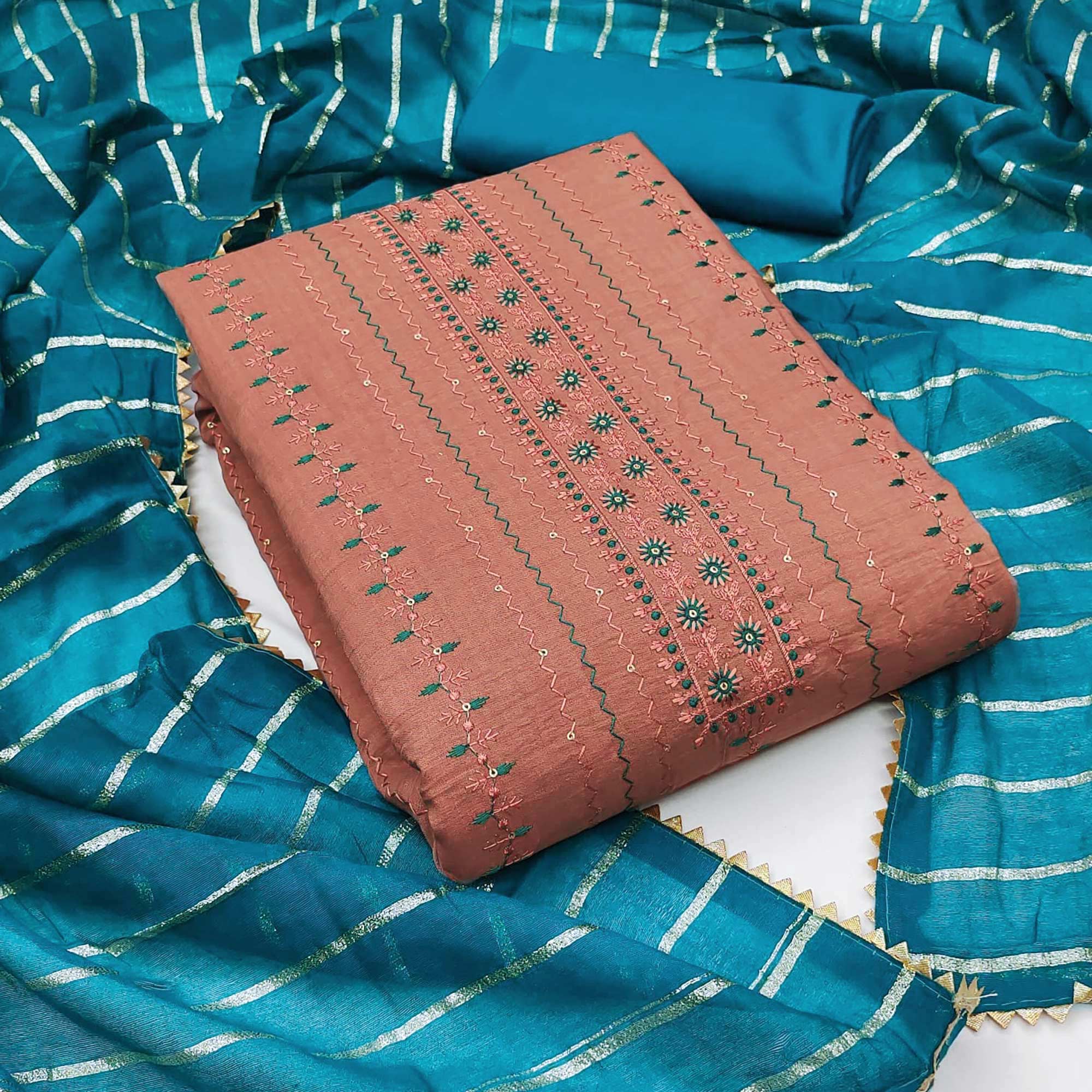 Copper Rust Sequins Embroidered Cotton Blend Dress Material