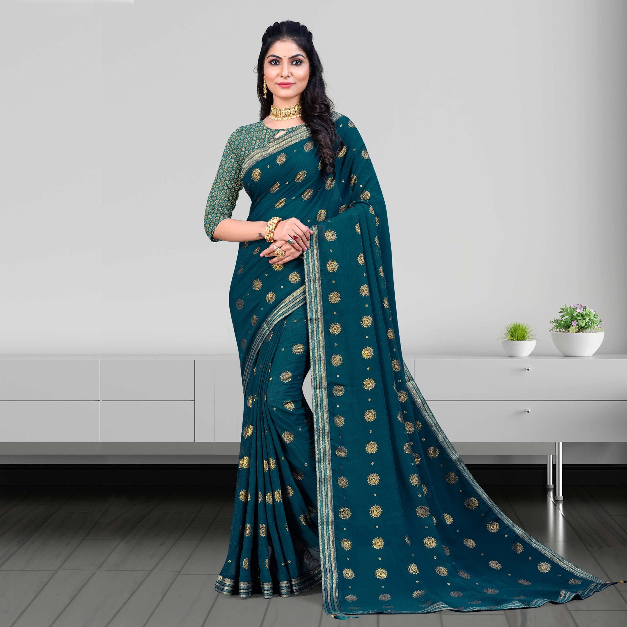 Teal Blue Woven Chiffon Saree