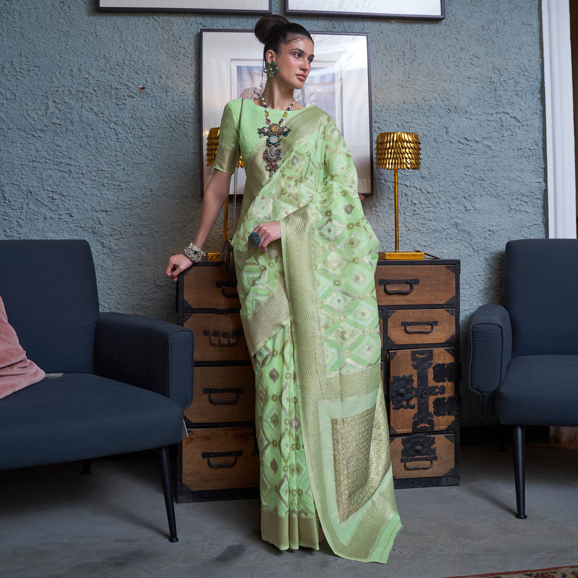 Mint Green Woven Art Silk Saree