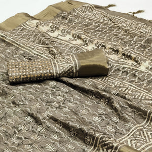 Grey Floral Printed Matka Tussar Saree With Tassels