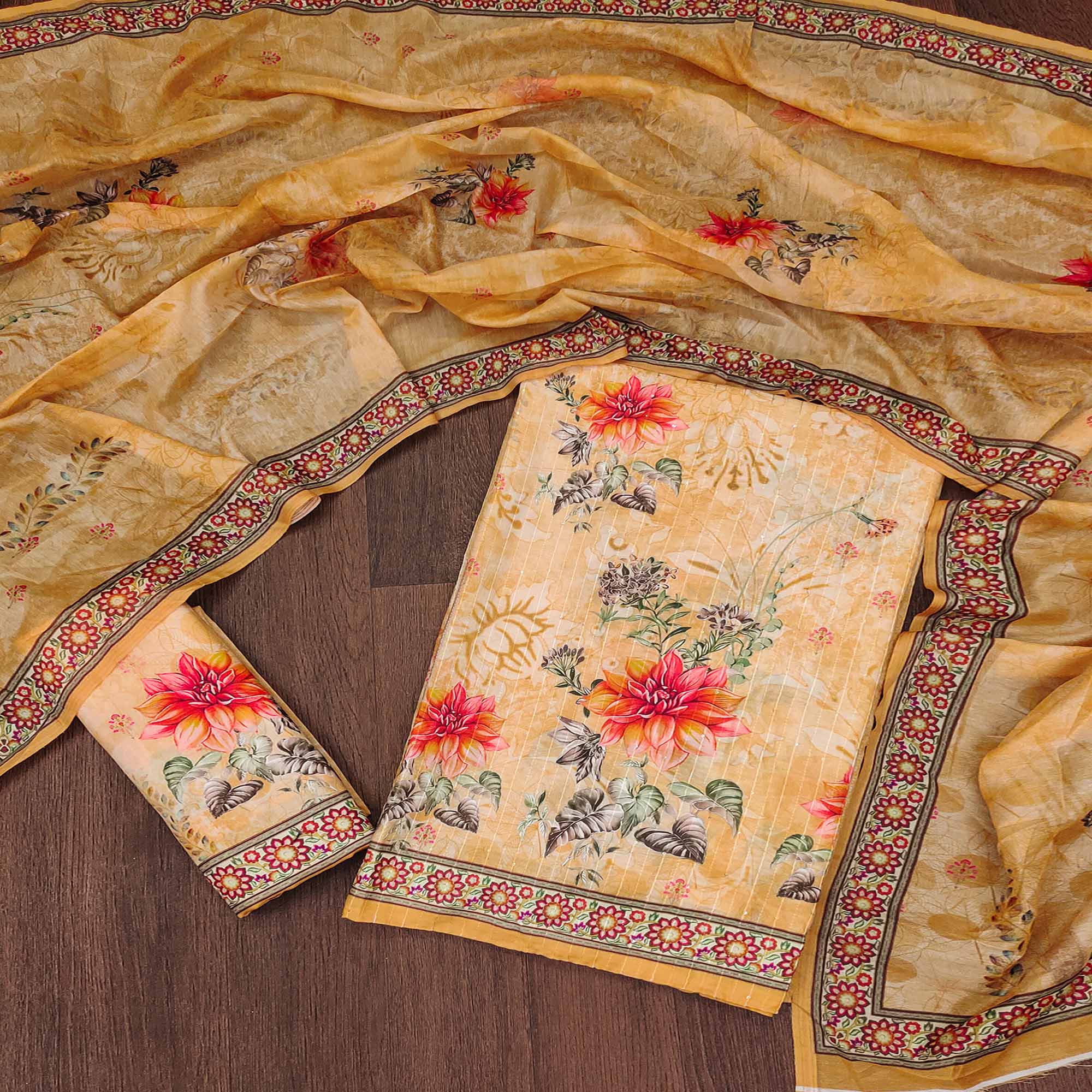 Yellow Floral Digital Printed Muslin Dress Material