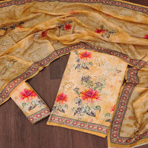 Yellow Floral Digital Printed Muslin Dress Material