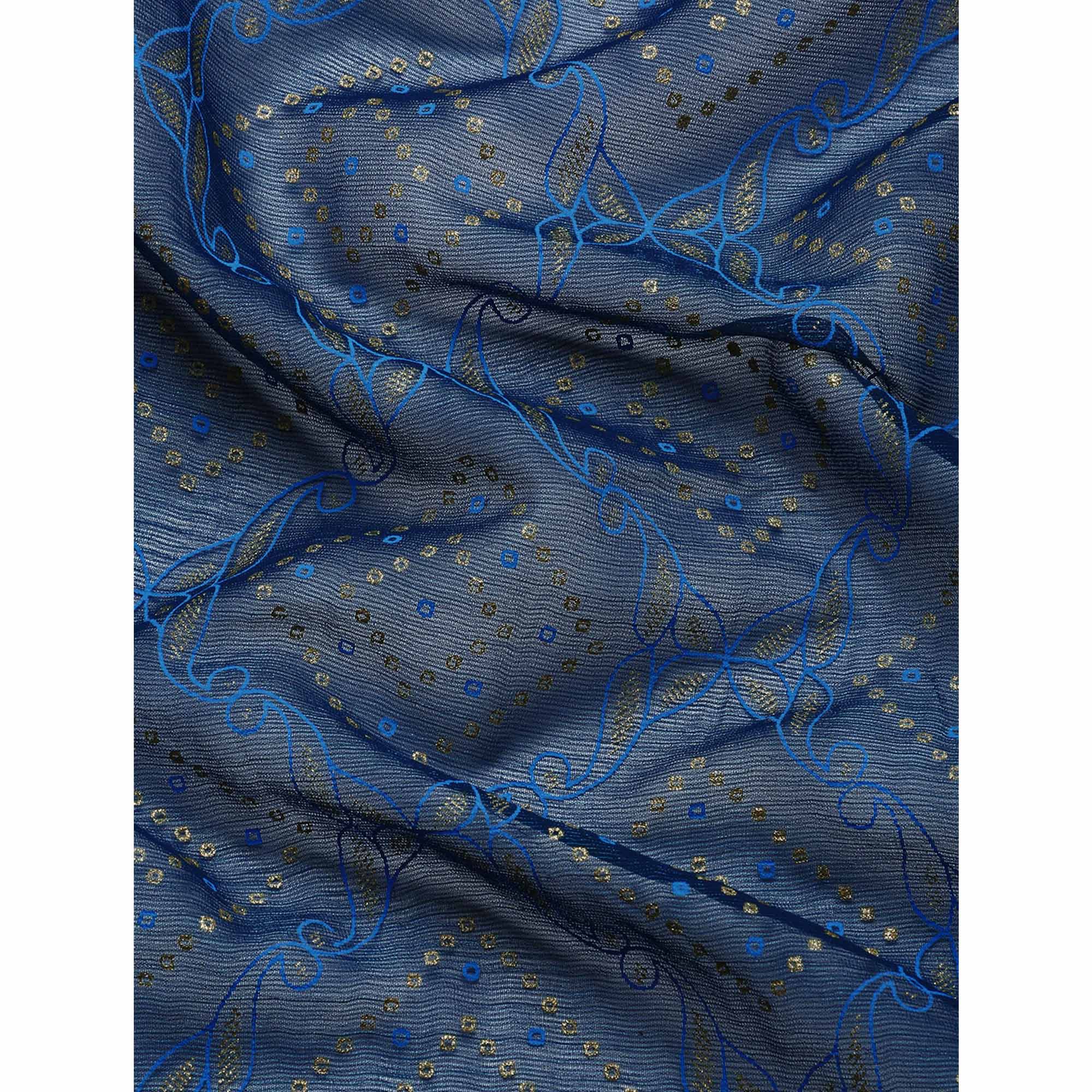 Blue Foil Printed With Fancy Border Chiffon Saree