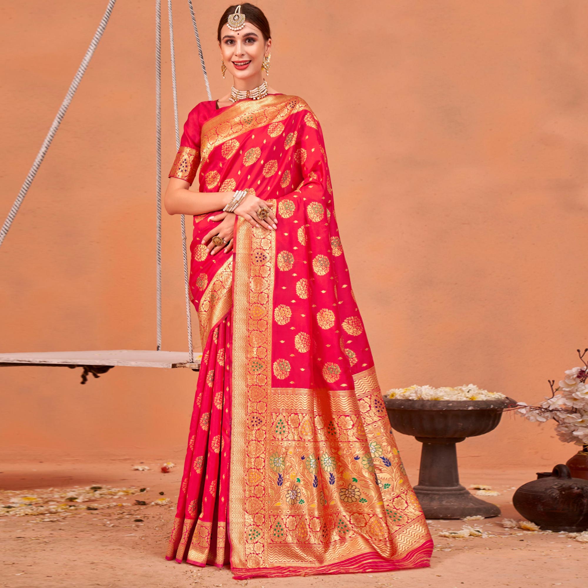 Pink Floral Woven Art Silk Saree