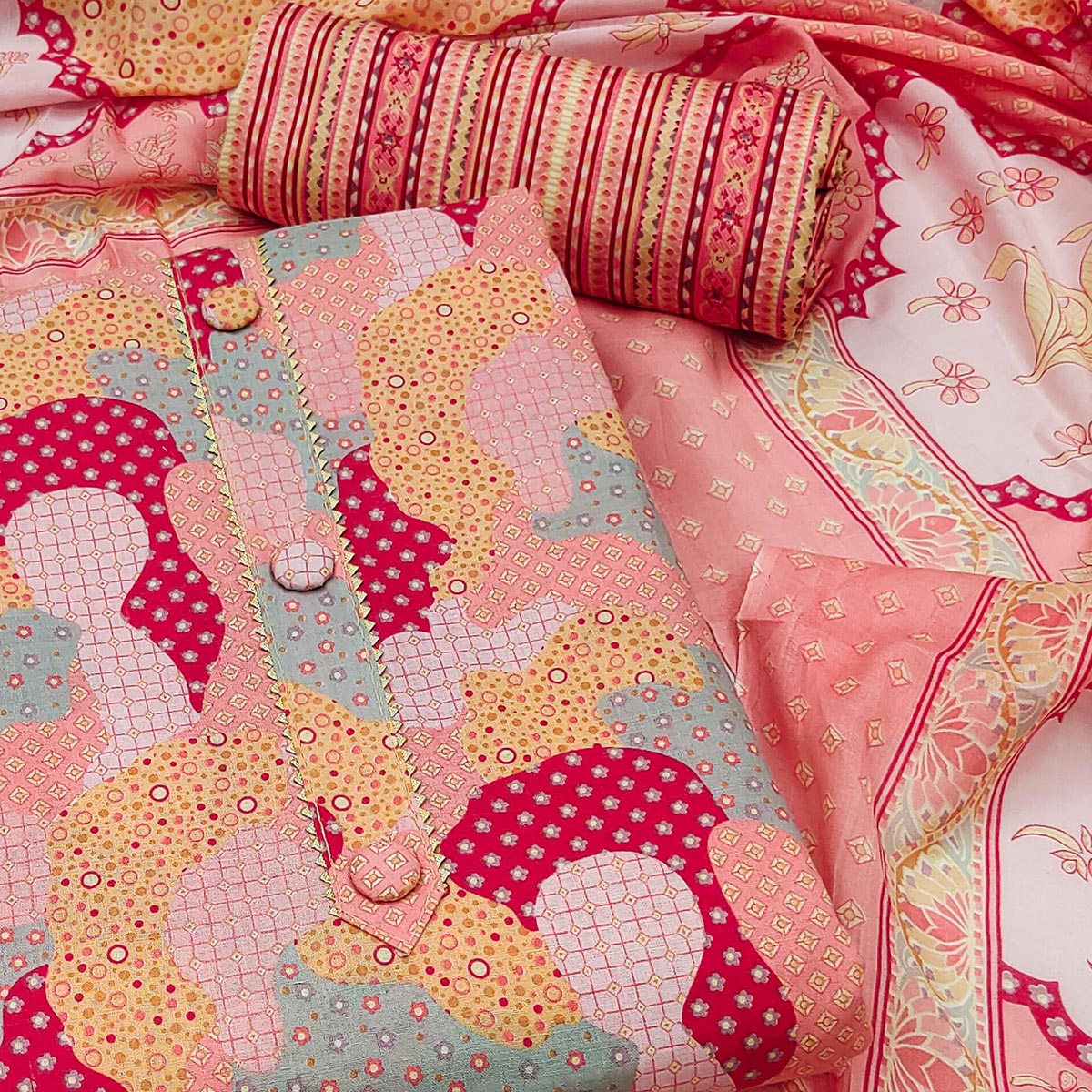 Peach Printed Cotton Blend Dress Material