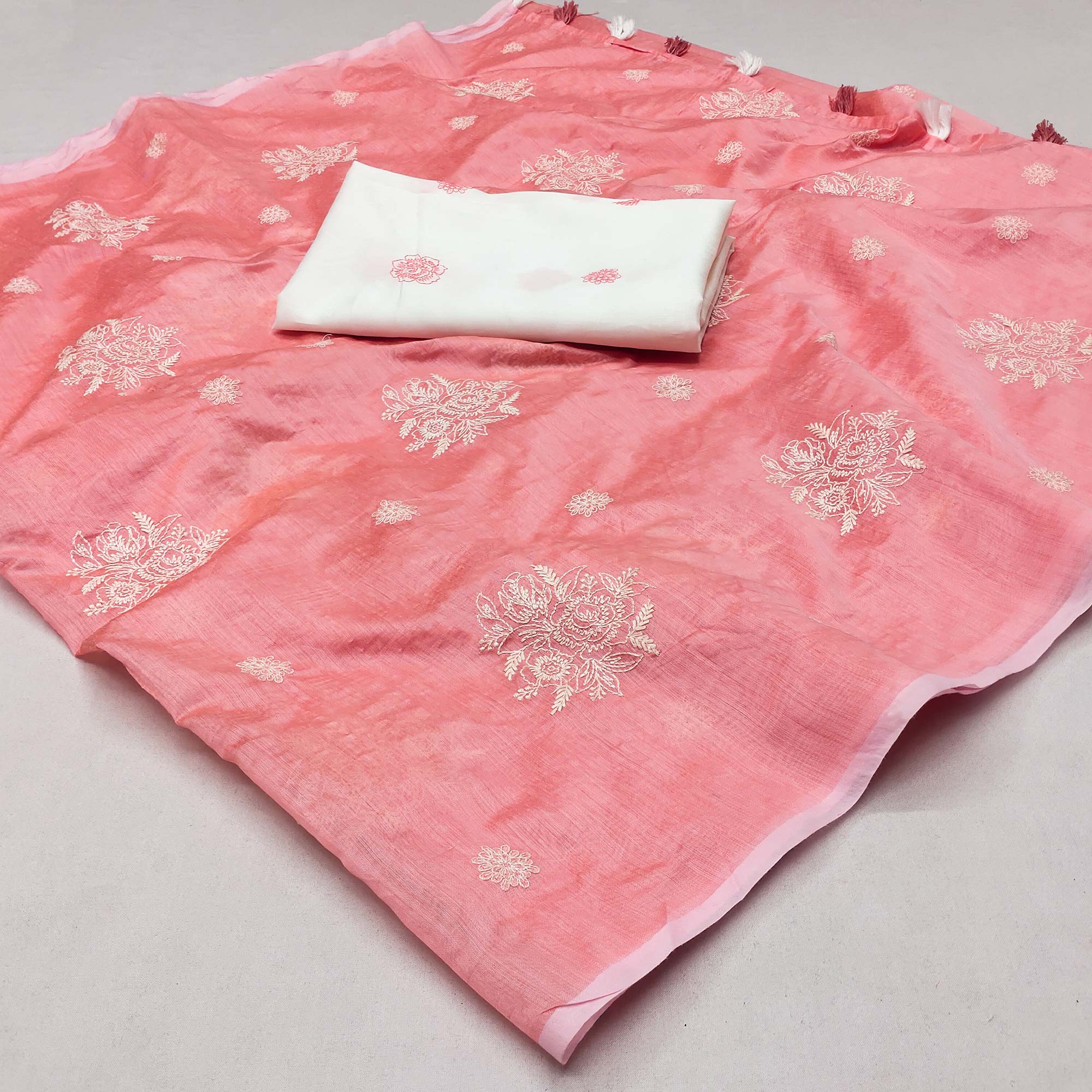 Gajari Pink Floral Embroidered Chanderi Saree With Tassels