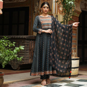 Black Printed With Embroidered Rayon Anarkali Suit