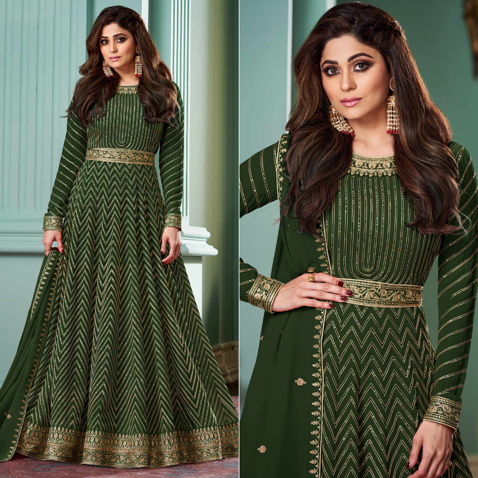Green Sequins Embroidered Georgette Gown