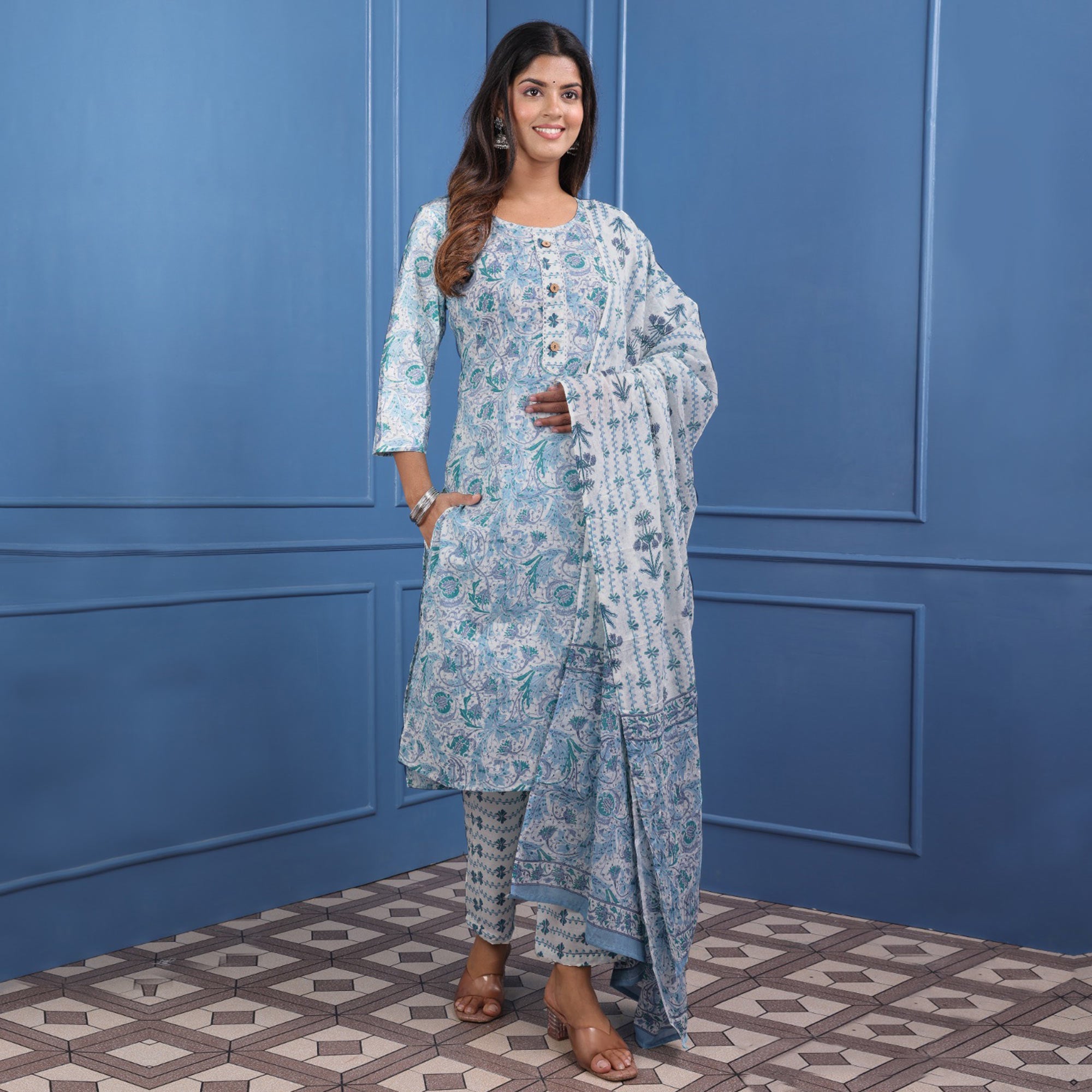 Blue Floral Printed Pure Cotton Suit