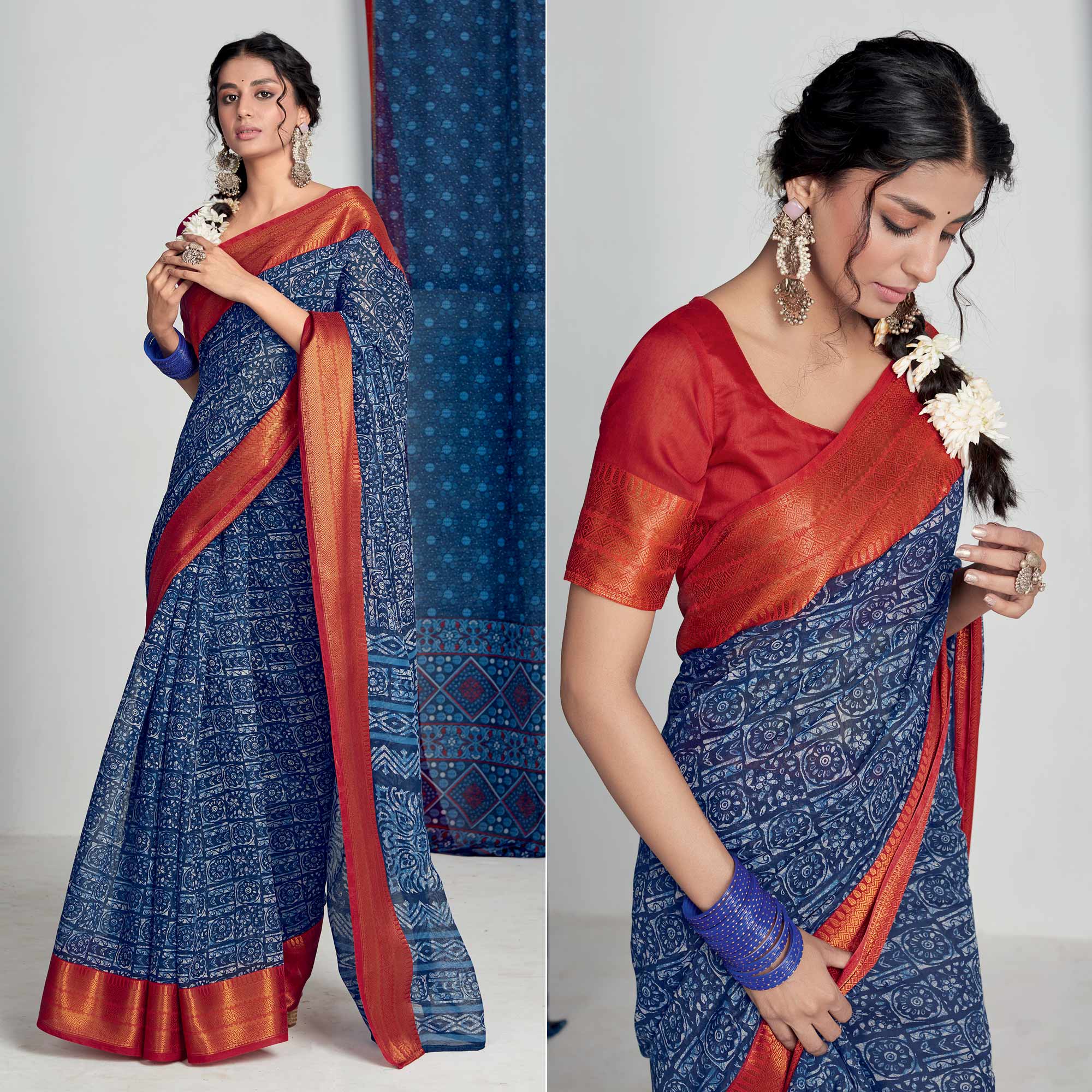 Blue Printed With Woven Border Cotton Blend Saree