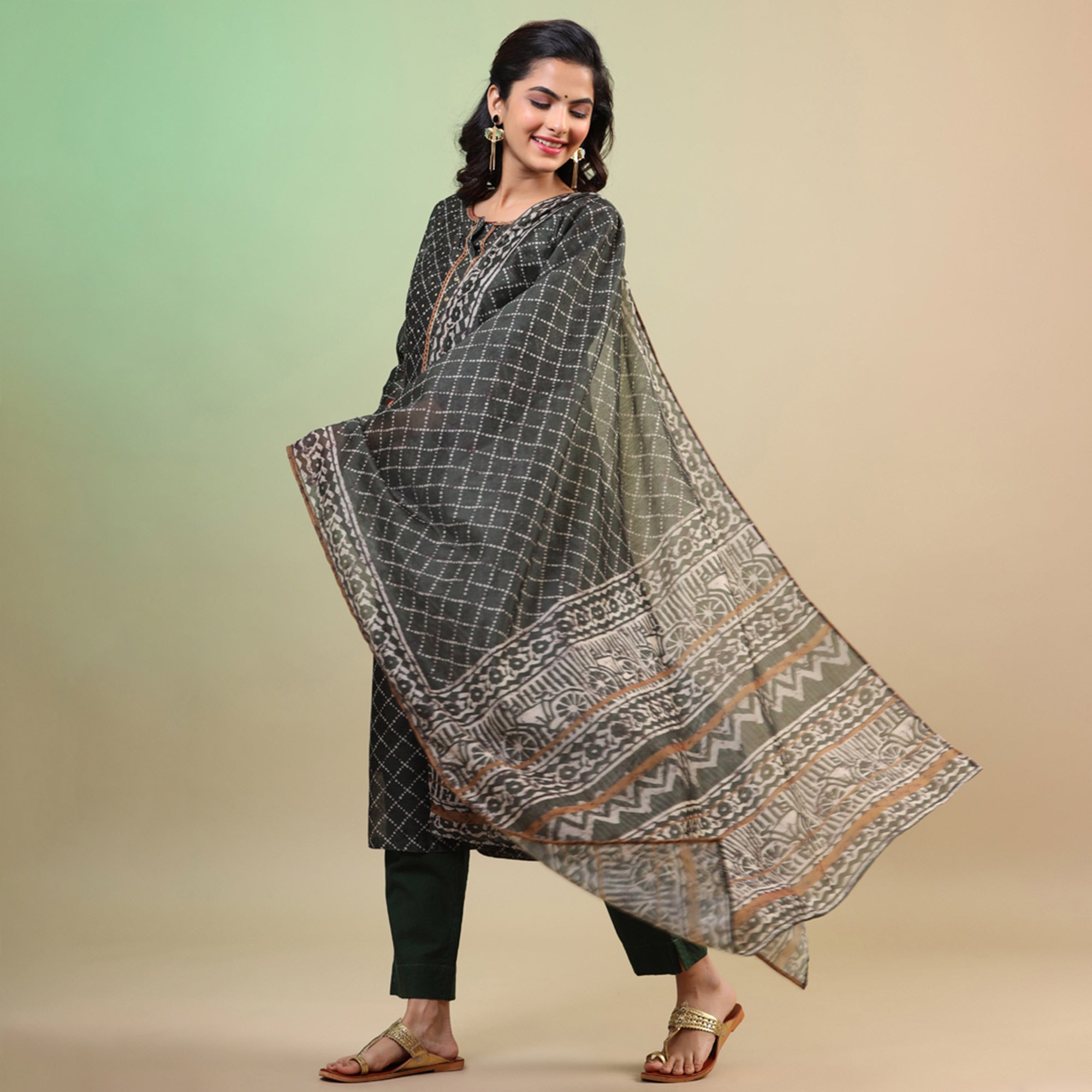 Black Printed Chanderi Salwar Suit