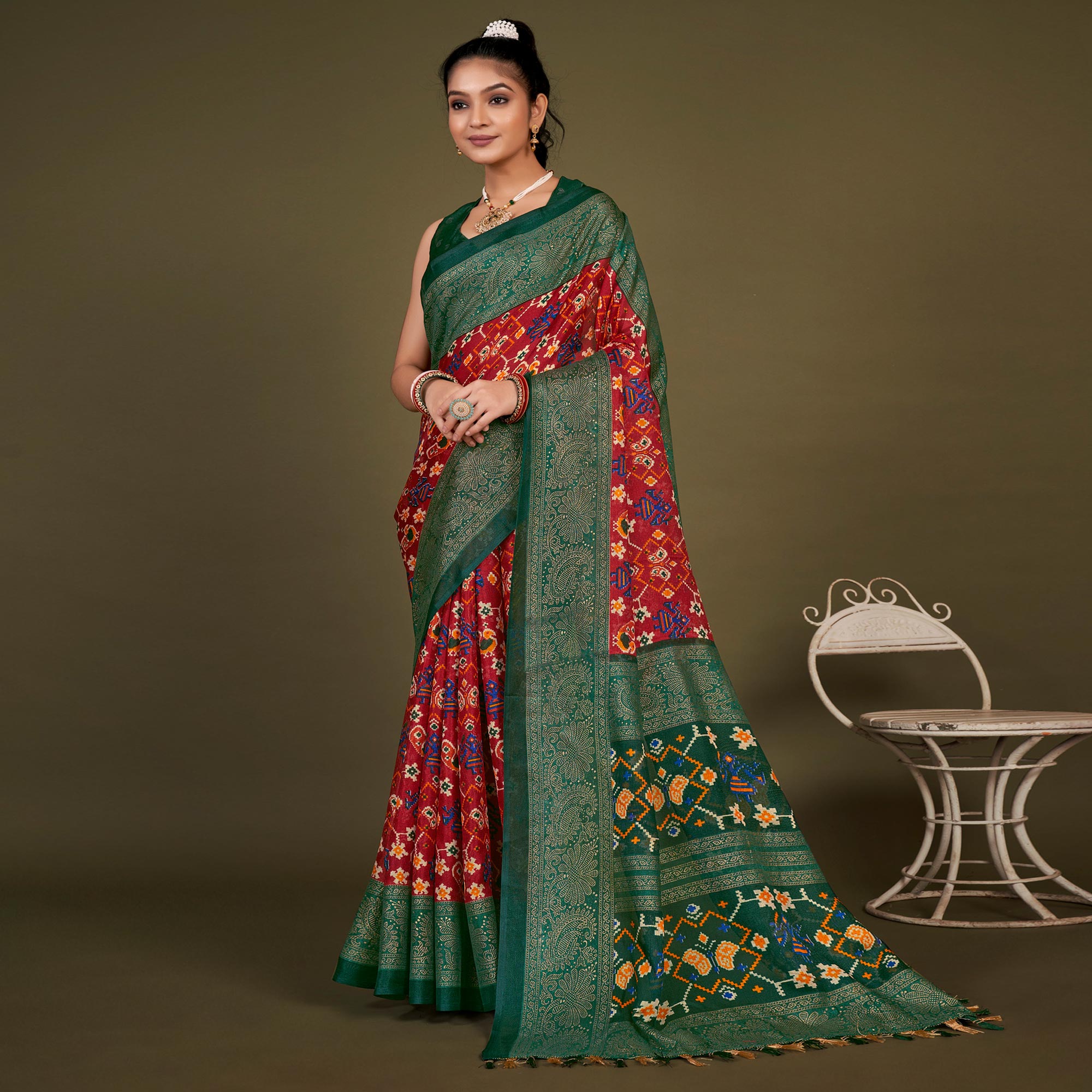 Red Printed Jute Patola Saree With Tassels