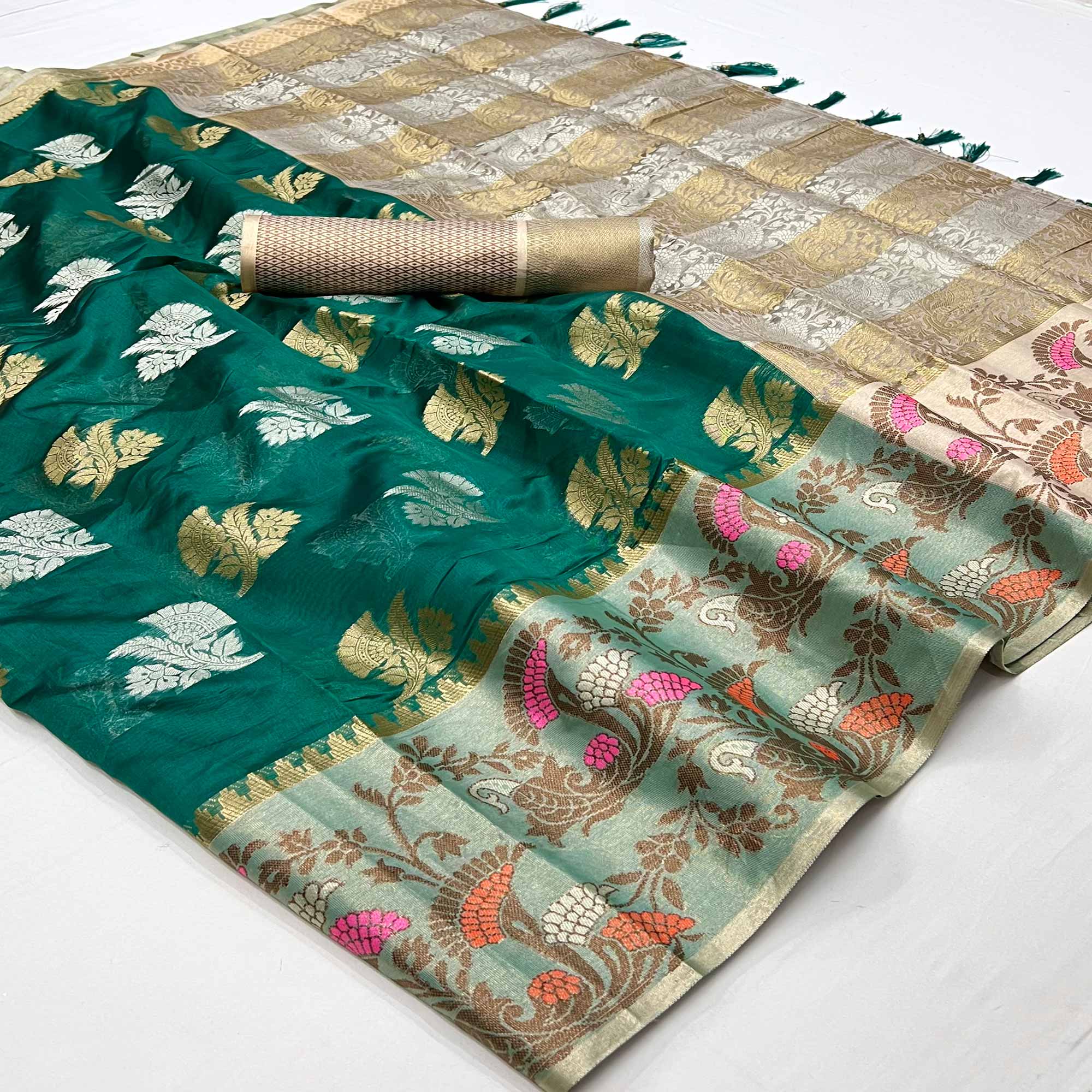 Green Floral Woven Organza Saree With Tassels