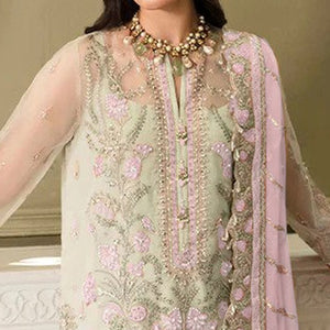 Pista Green And Pink Heavy Embroidered Georgette Pakistani Suit