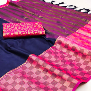 Navy Blue Woven Cotton Silk Saree With Tassels