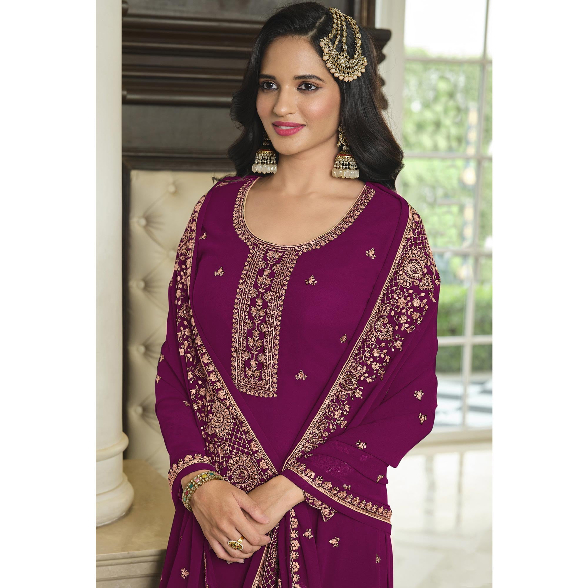 Purple Floral Embroidered Georgette Sharara Suit