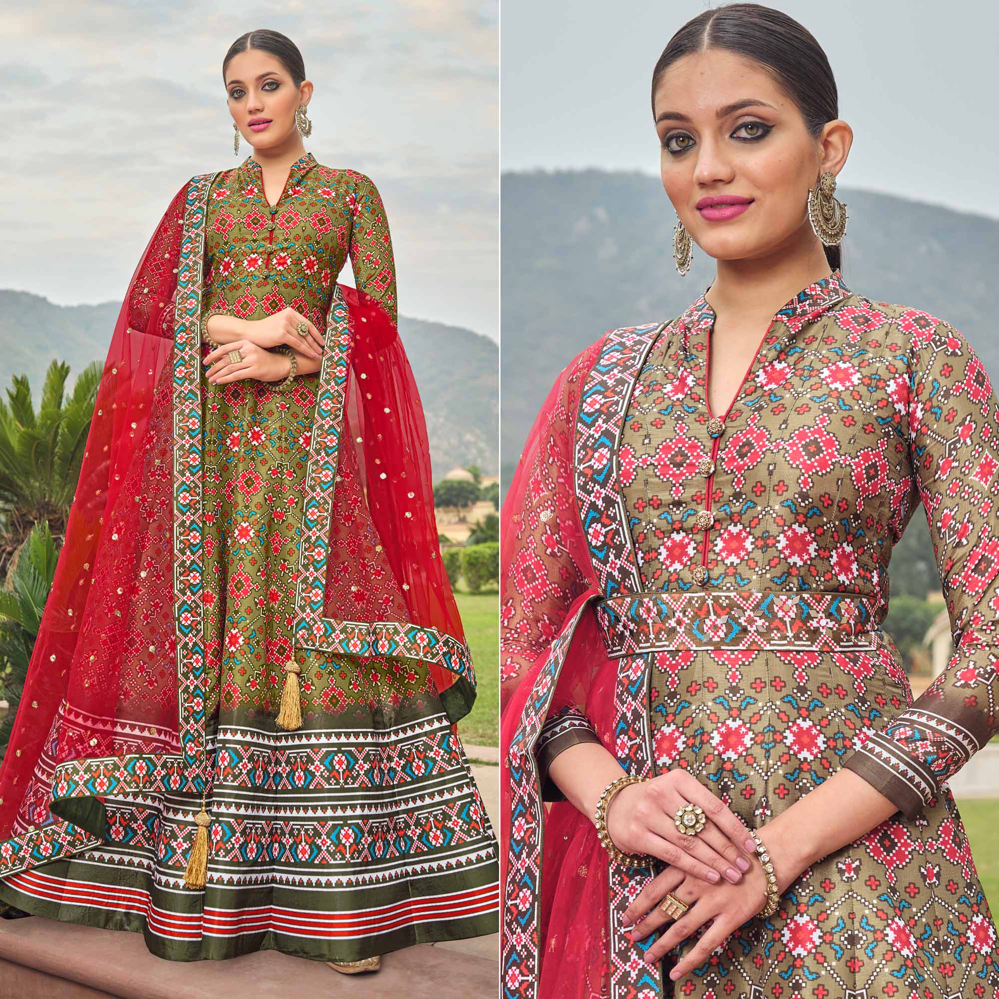 Mahendi Green Patola Digital Printed Dola Silk Gown