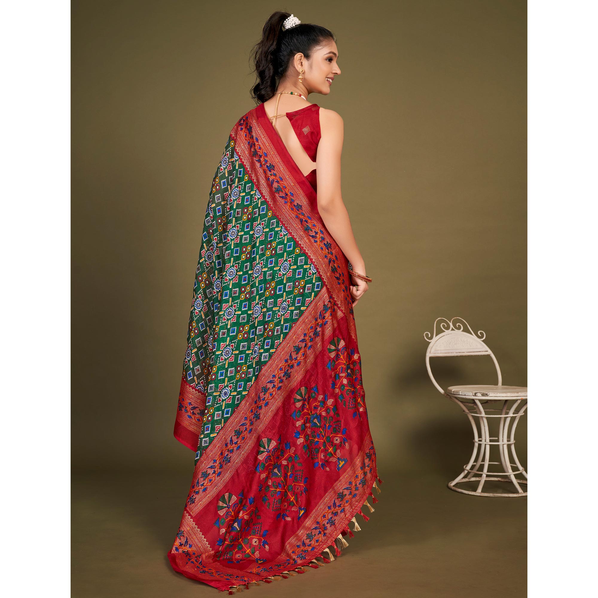 Green Printed Jute Patola Saree With Tassels