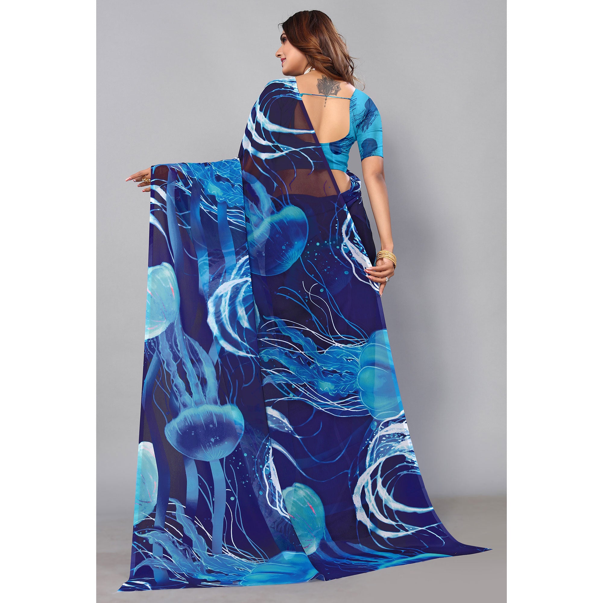 Blue Digital Printed Georgette Saree