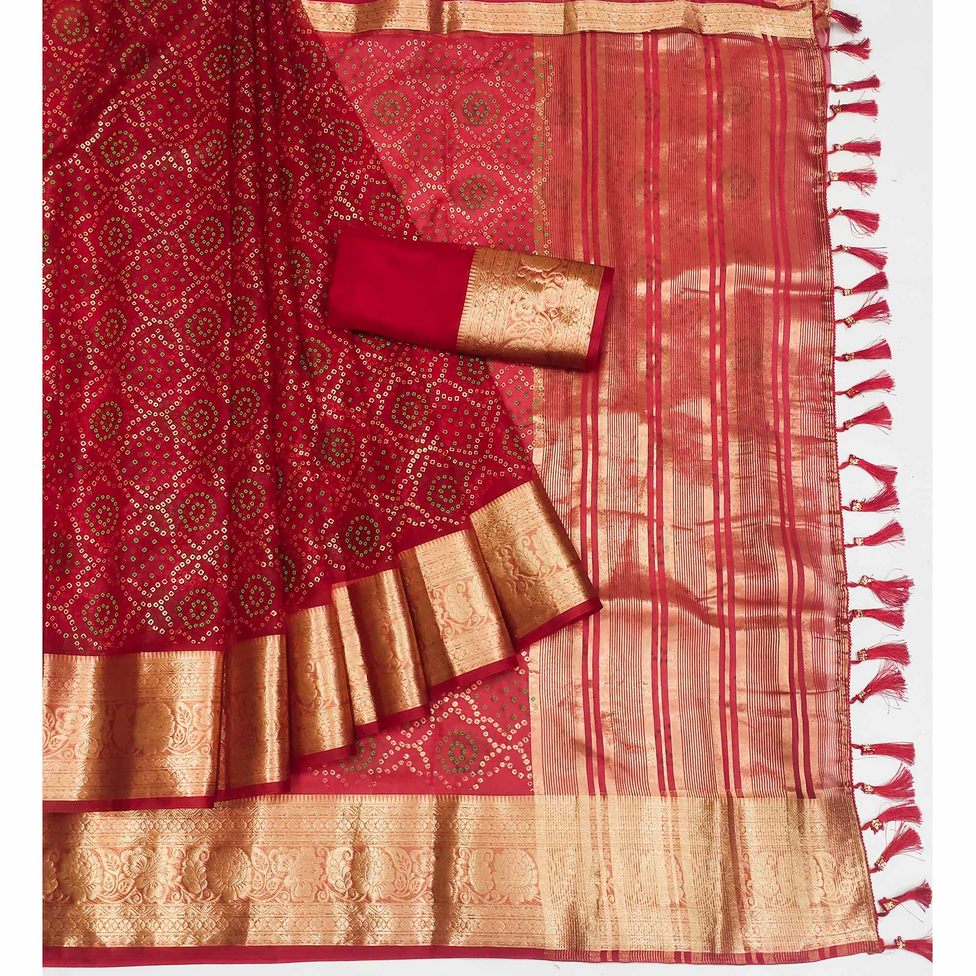 Red Bandhani Printed Organza Saree With Tassels