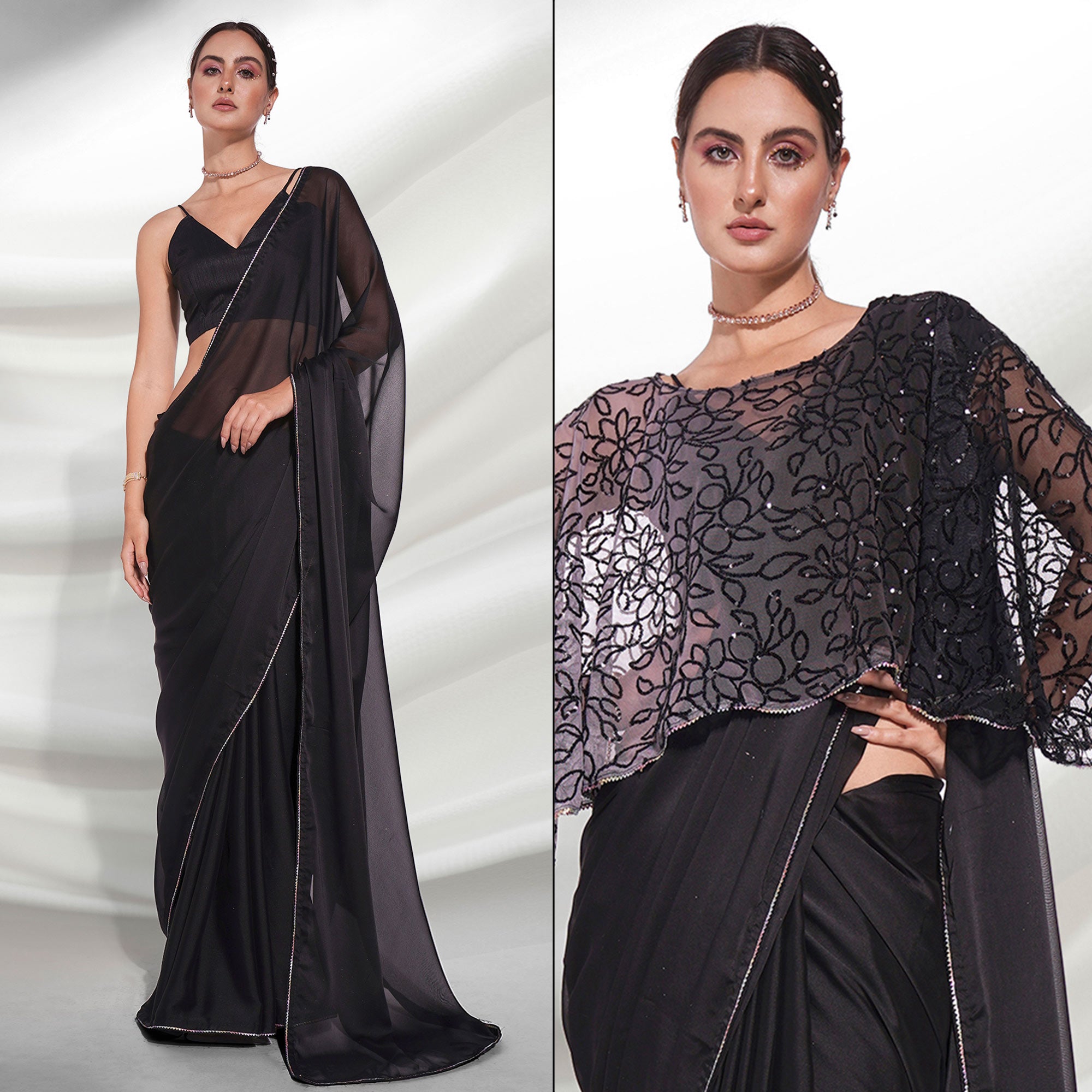 Black Solid Georgette Saree With Fancy Border