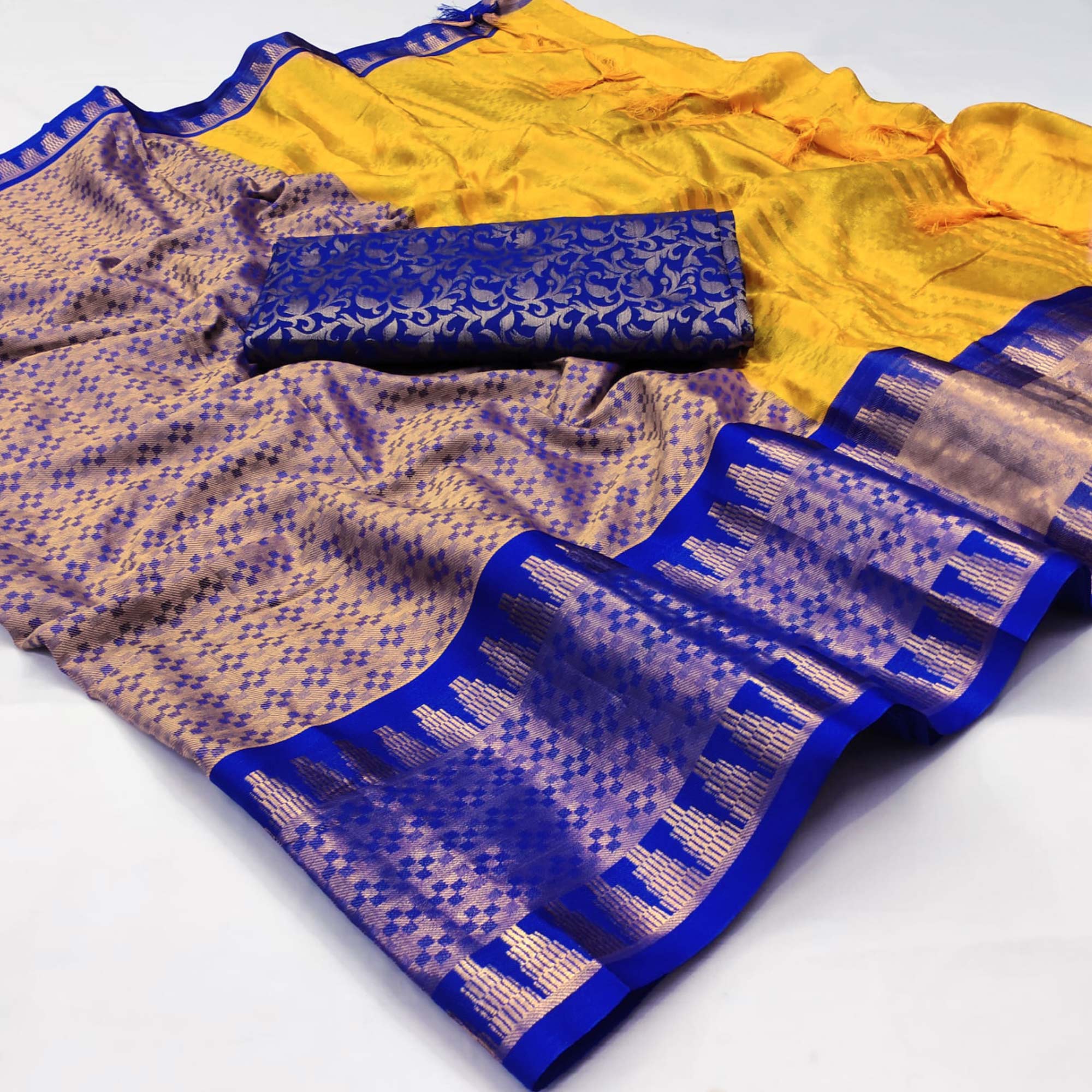 Golden Woven Cotton Silk Saree With Tassels