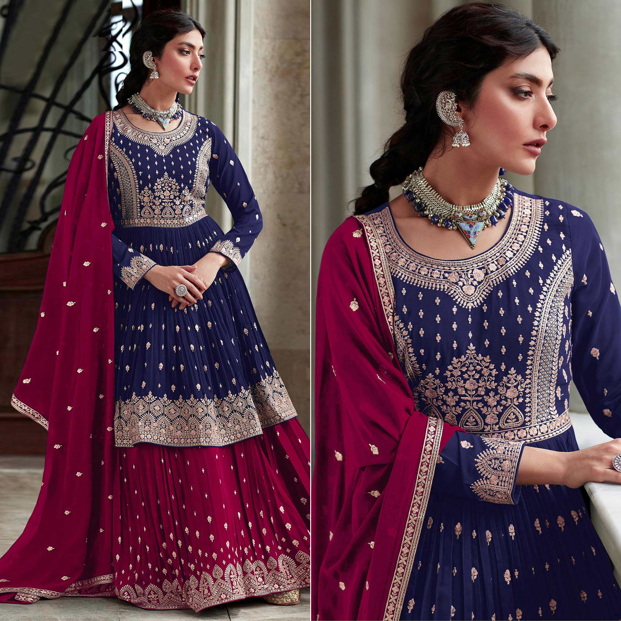 Navy Blue Floral Embroidered Georgette Sharara Suit