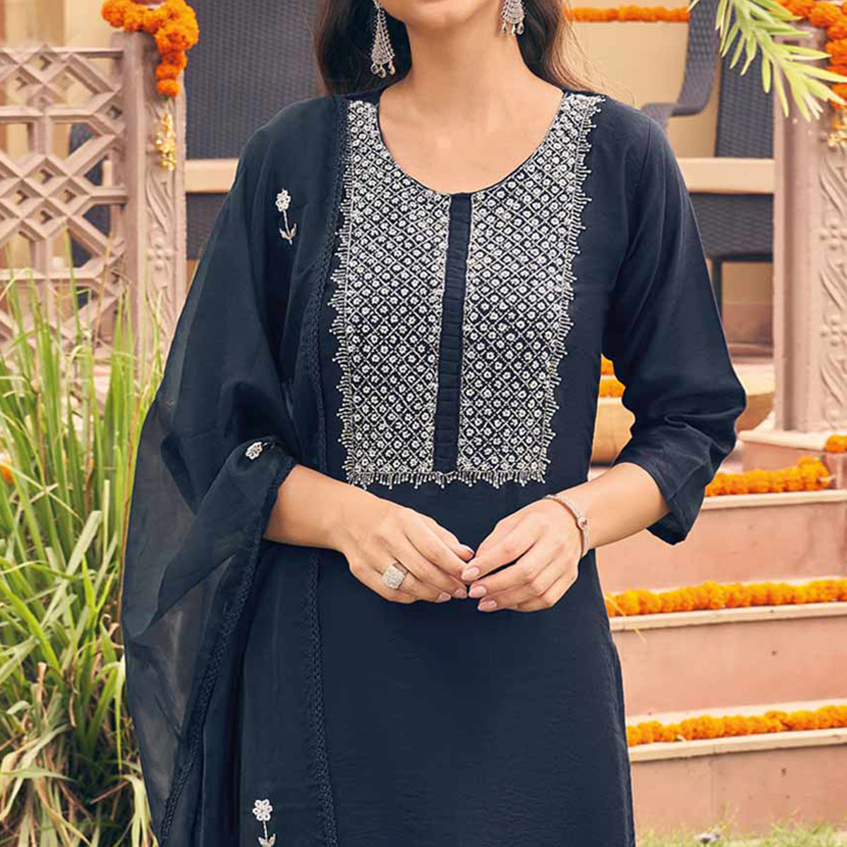 Navy Blue Embellished Viscose Salwar Suit