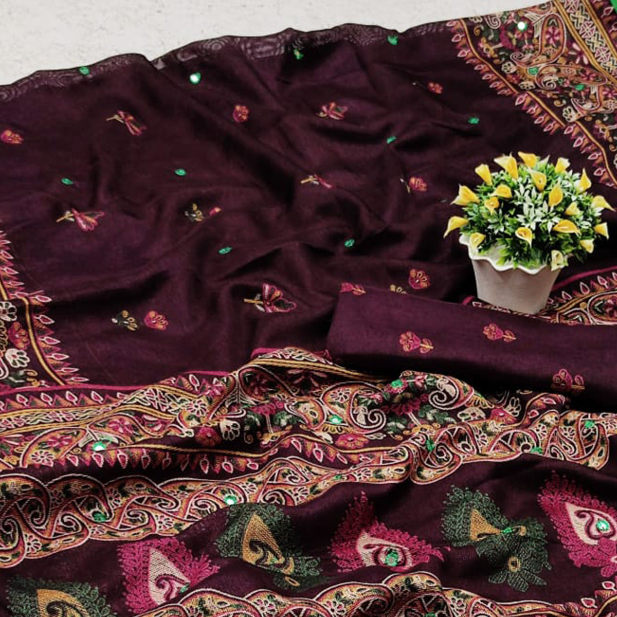 Wine Printed Cotton Blend Saree With Tassels